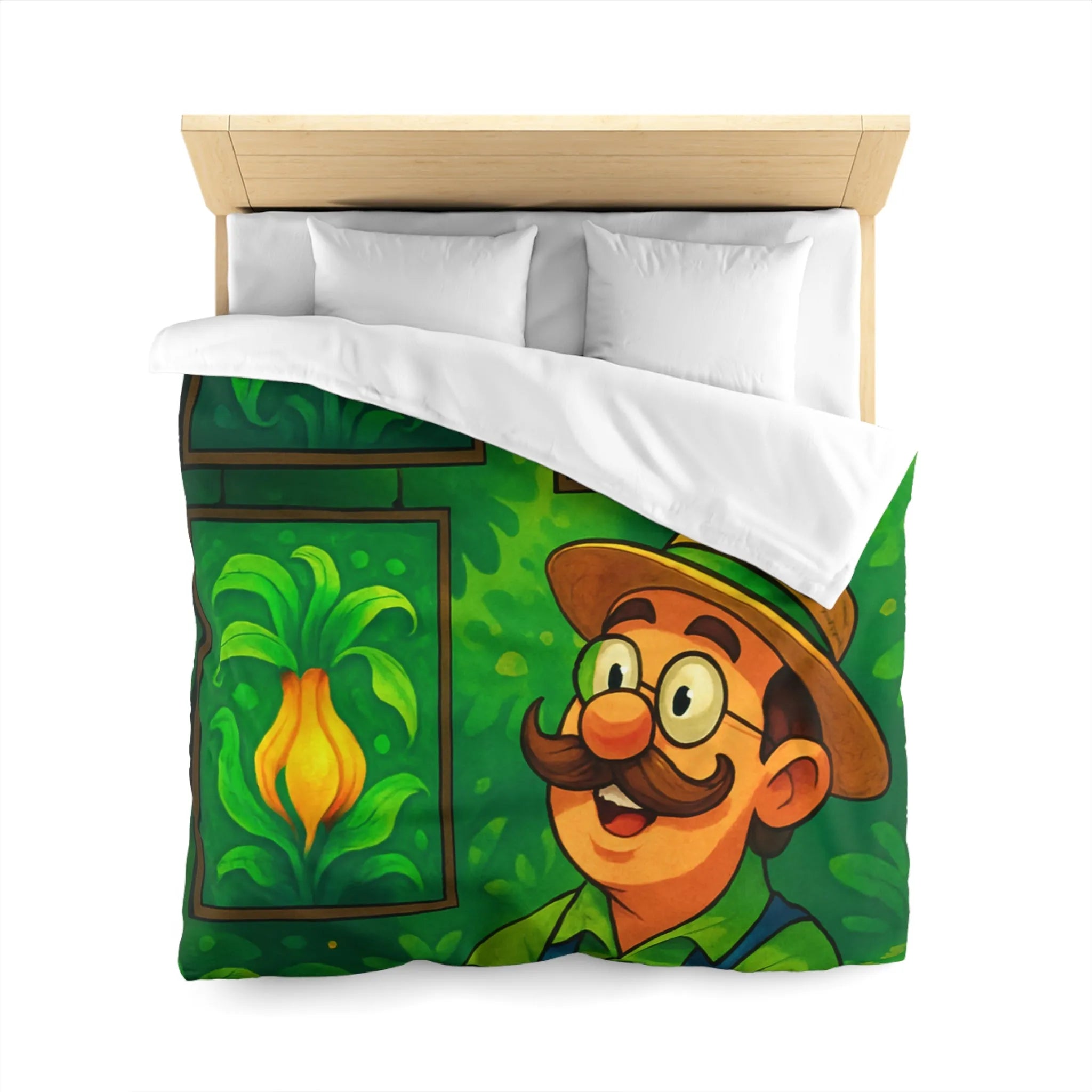 "Housse de Couette Motif Tropical avec Fleurs Exotiques et Jardinier Heureux Illustré"