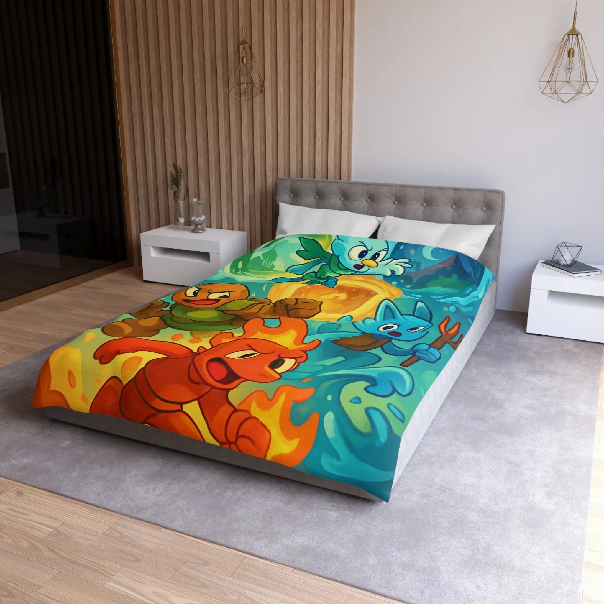 Housse de couette colorée avec motif de personnages d'éléments dans style aventure fantastique