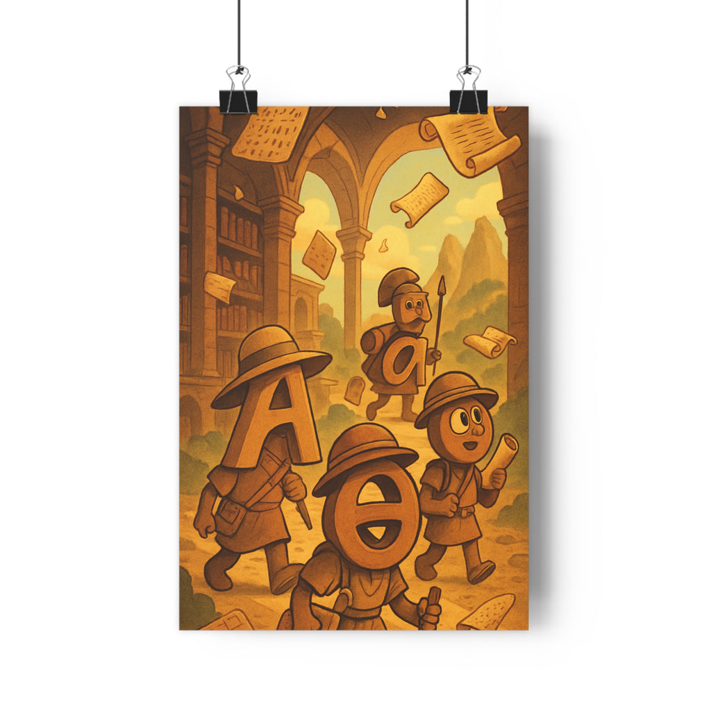 Poster décoratif cartoon aventure lettres anthropomorphes ocres bruns nostalgique explorateur historique architecturale chambre salon