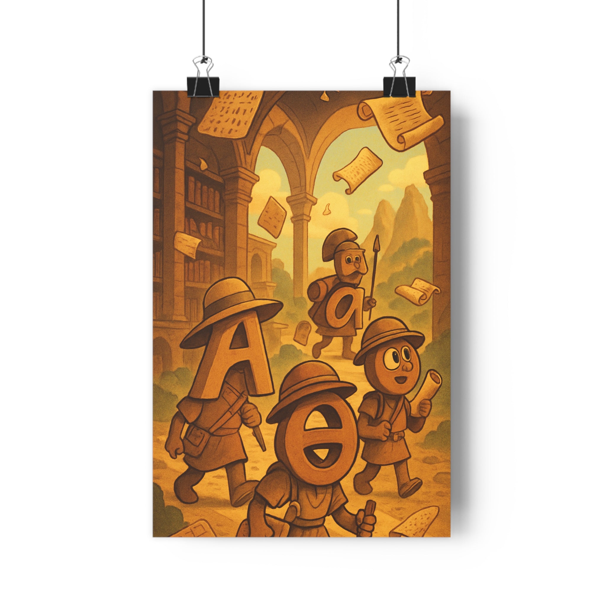 Poster décoratif cartoon aventure lettres anthropomorphes ocres bruns nostalgique explorateur historique architecturale chambre salon