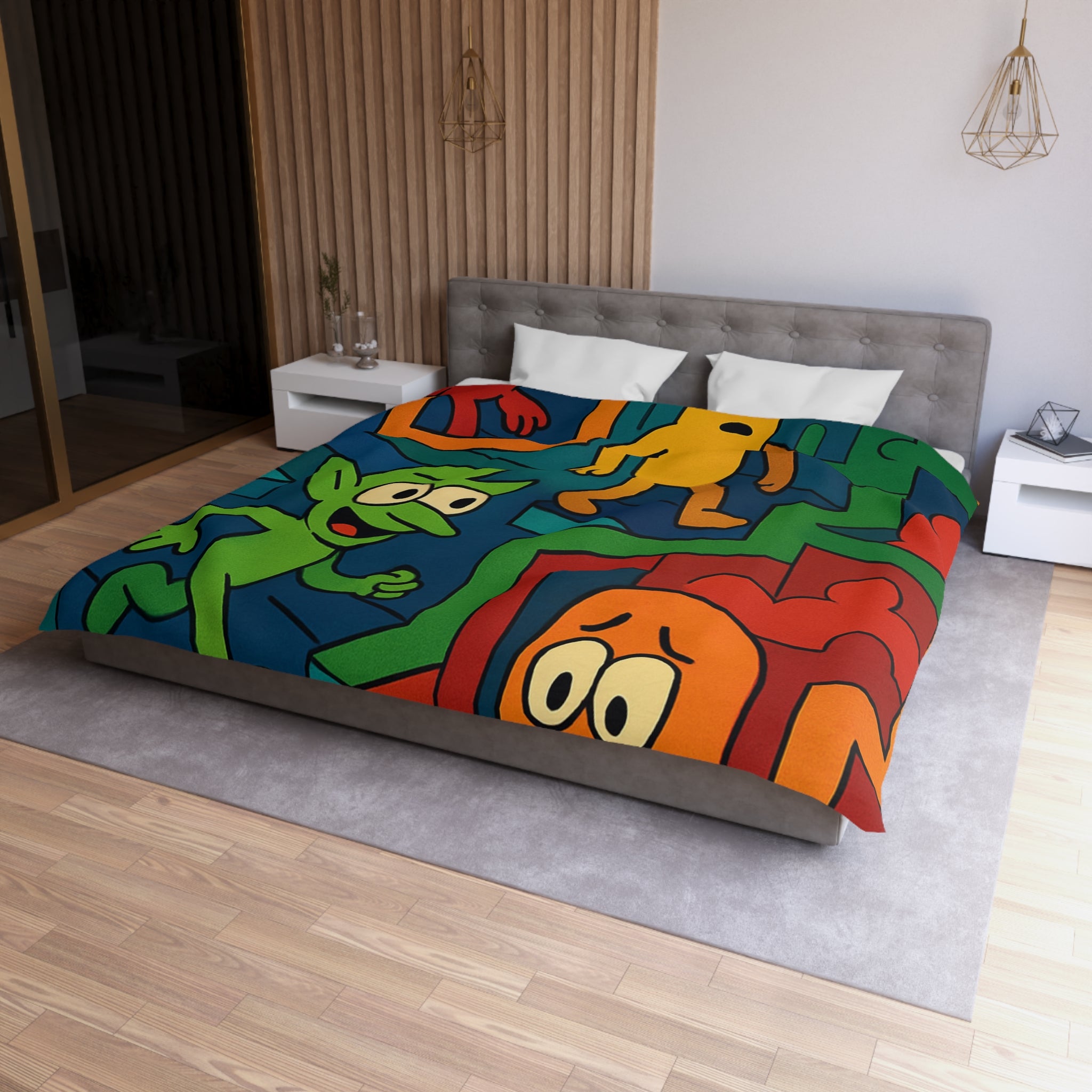 Housse de couette multicolore avec labyrinthes et personnages fantaisistes en motifs géométriques