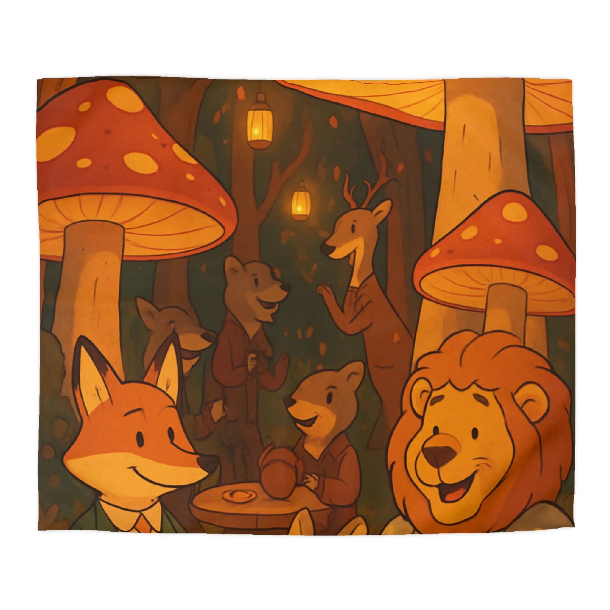 Housse de couette enchantée avec animaux sous champignons géants dans une forêt magique