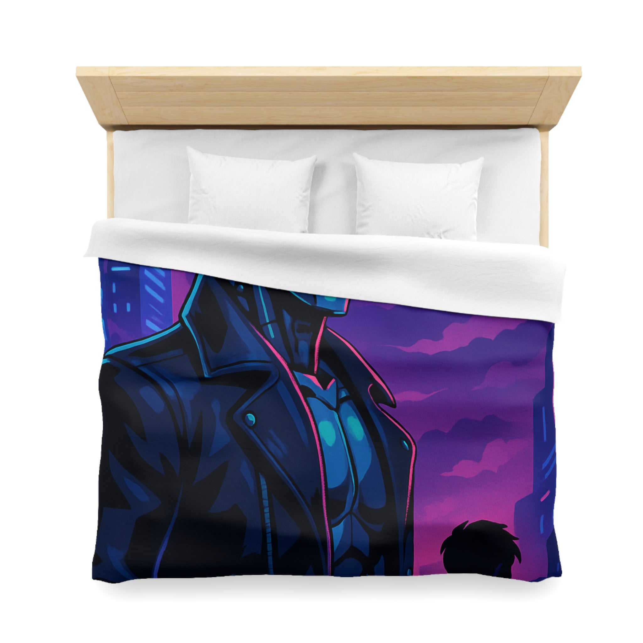 Housse de couette style néon avec robot futuriste et drones en ville de nuit