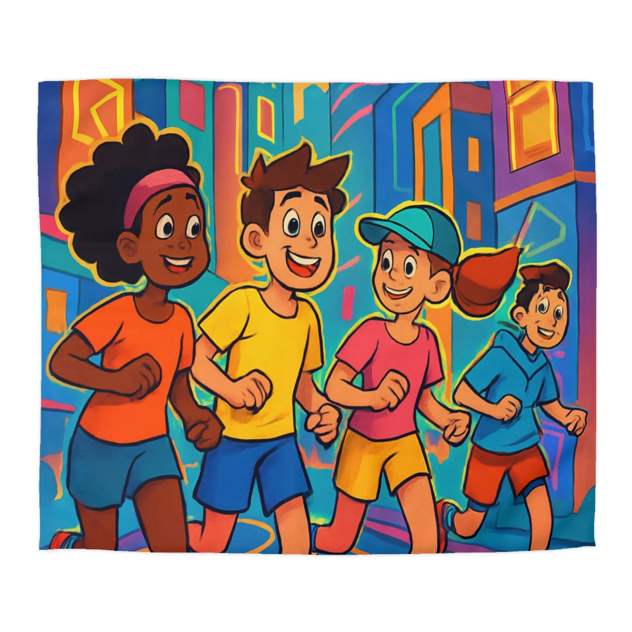 Ensemble d'enfants colorés courant en ville, illustration dynamique pour housse de couette vive