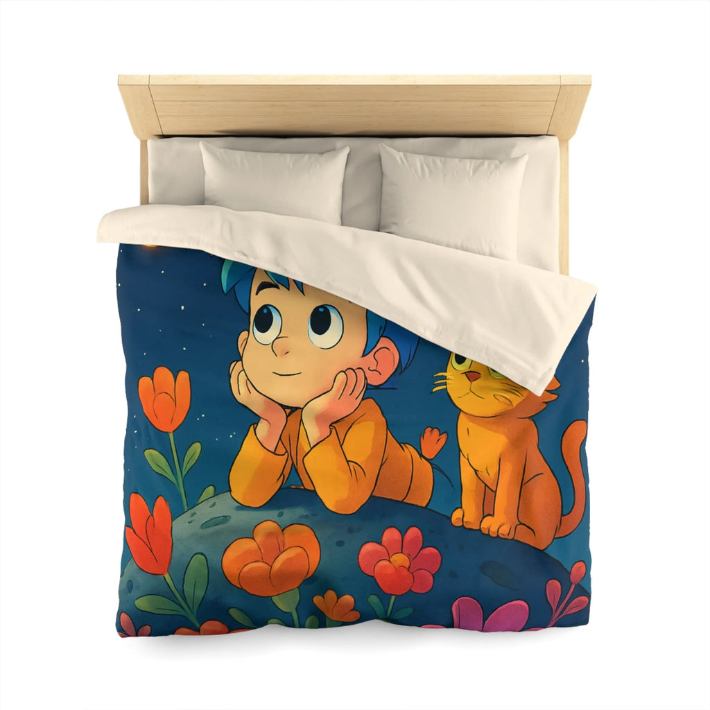 Housse de Couette Enfant Émerveillé Observant Papillons Lumineux sous Ciel Étoilé