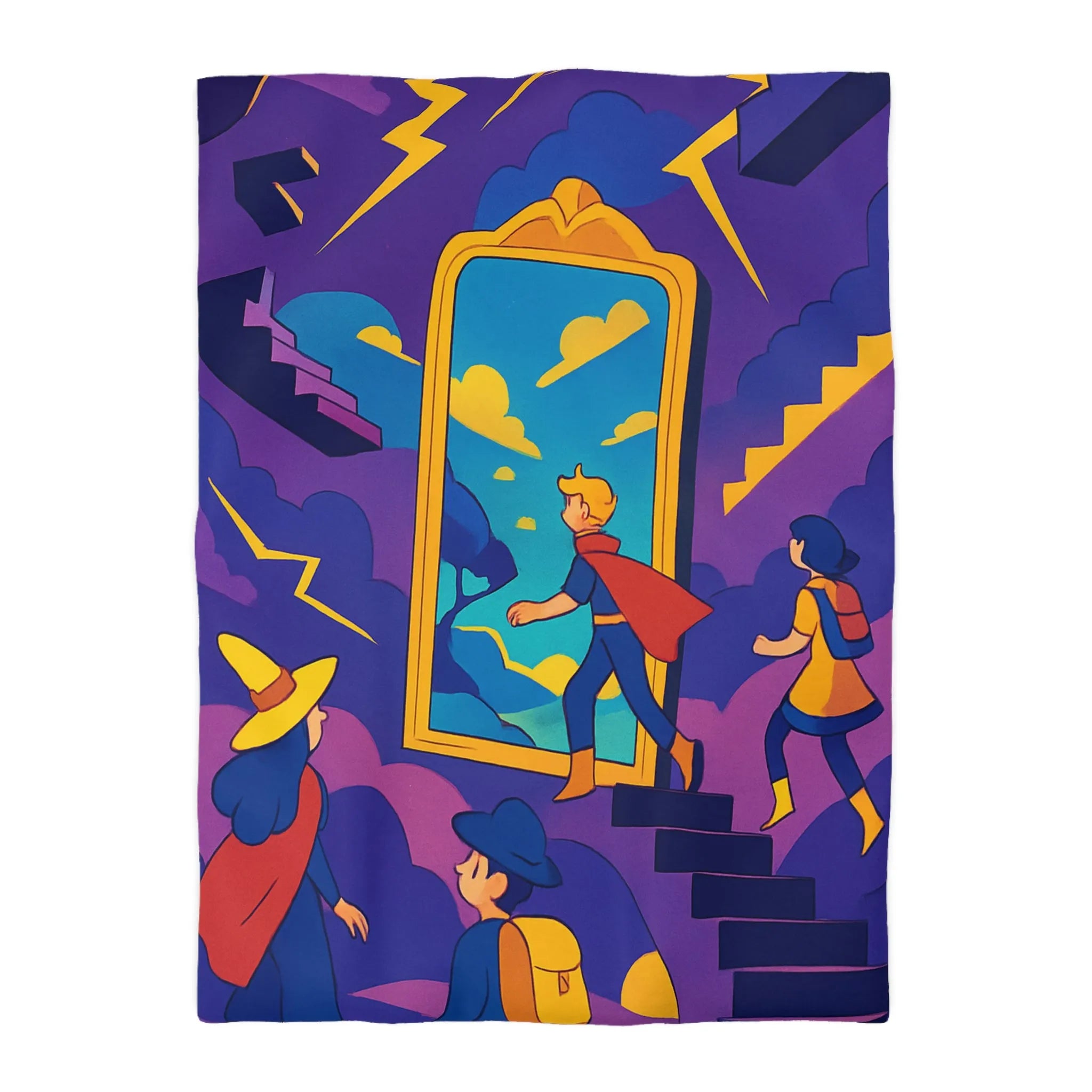 Housse de couette aventure magique avec personnages et miroir vers un monde fantastique