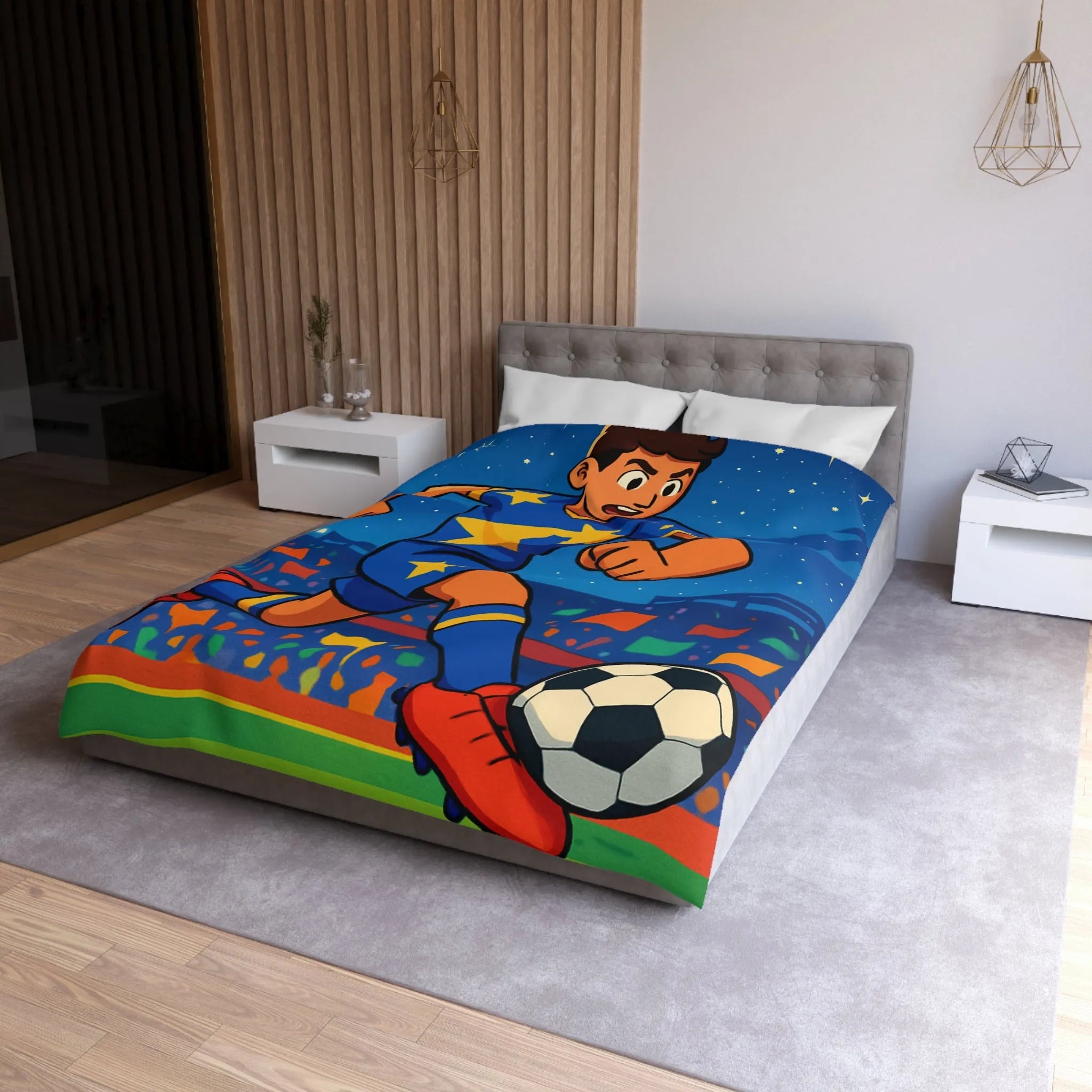 Housse de couette colorée avec joueur de football en action sous ciel étoilé