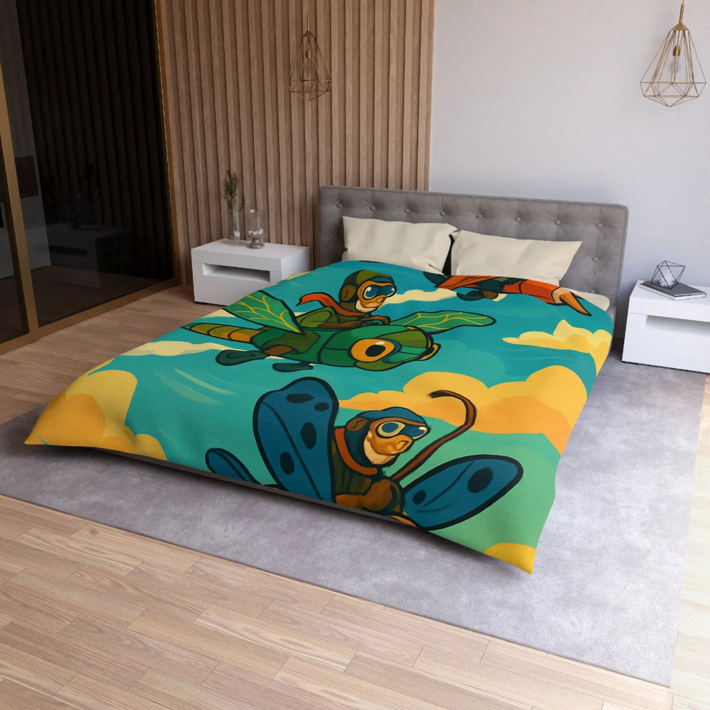 Housse de couette avec motif ludique d'avions insectes sur fond de ciel coloré