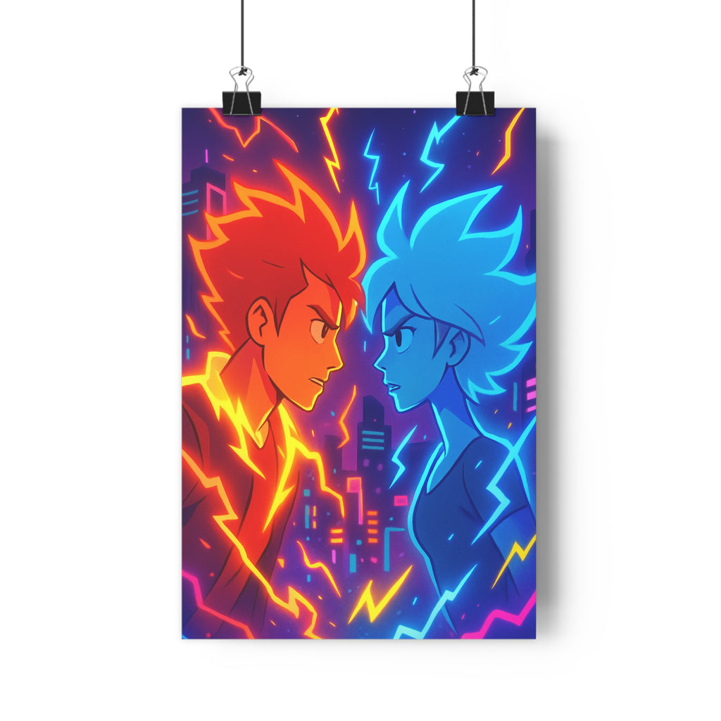 Poster décoratif dessin animé néon rouge bleu éclairs intense dynamique chambre moderne urbain tendance