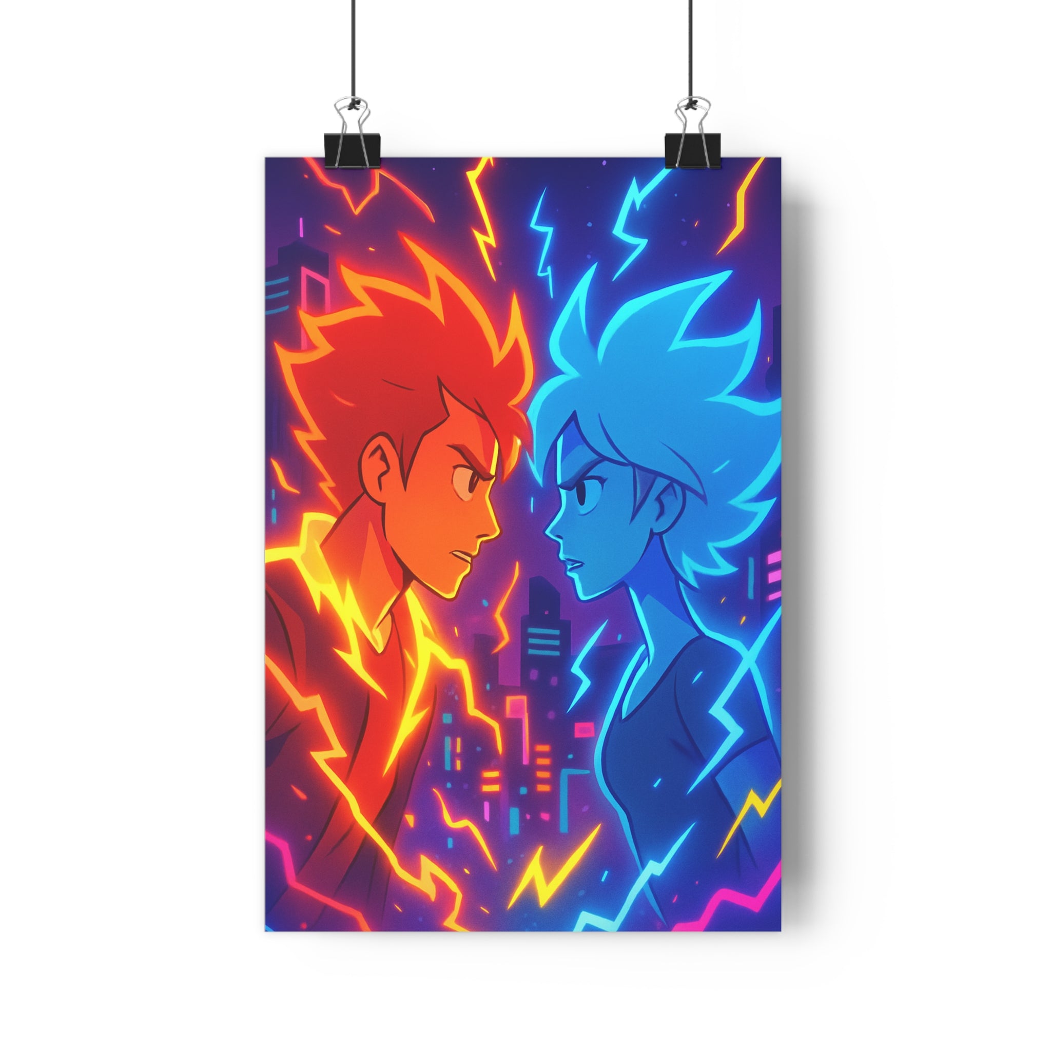 Poster décoratif dessin animé néon rouge bleu éclairs intense dynamique chambre moderne urbain tendance