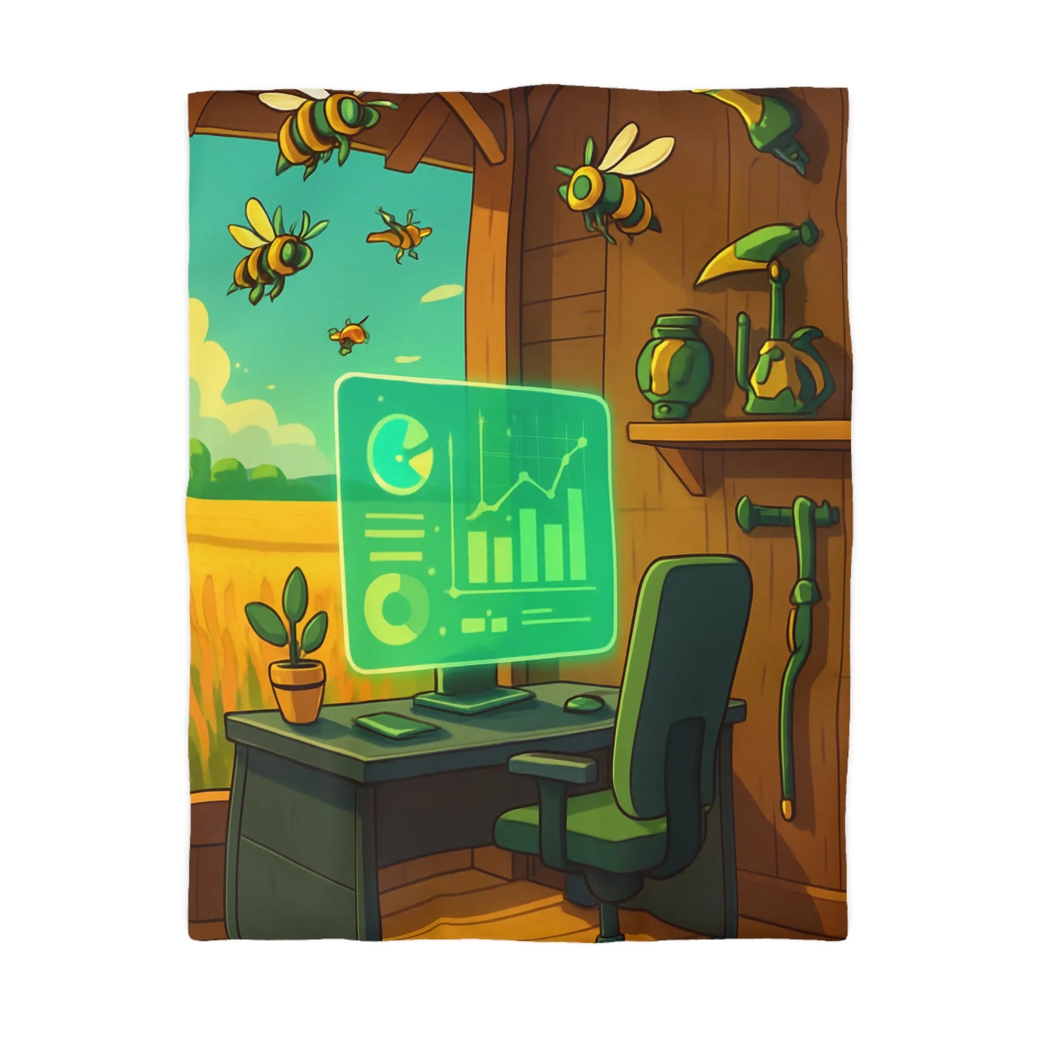 Housse de couette avec design moderne d'abeilles et station de travail futuriste