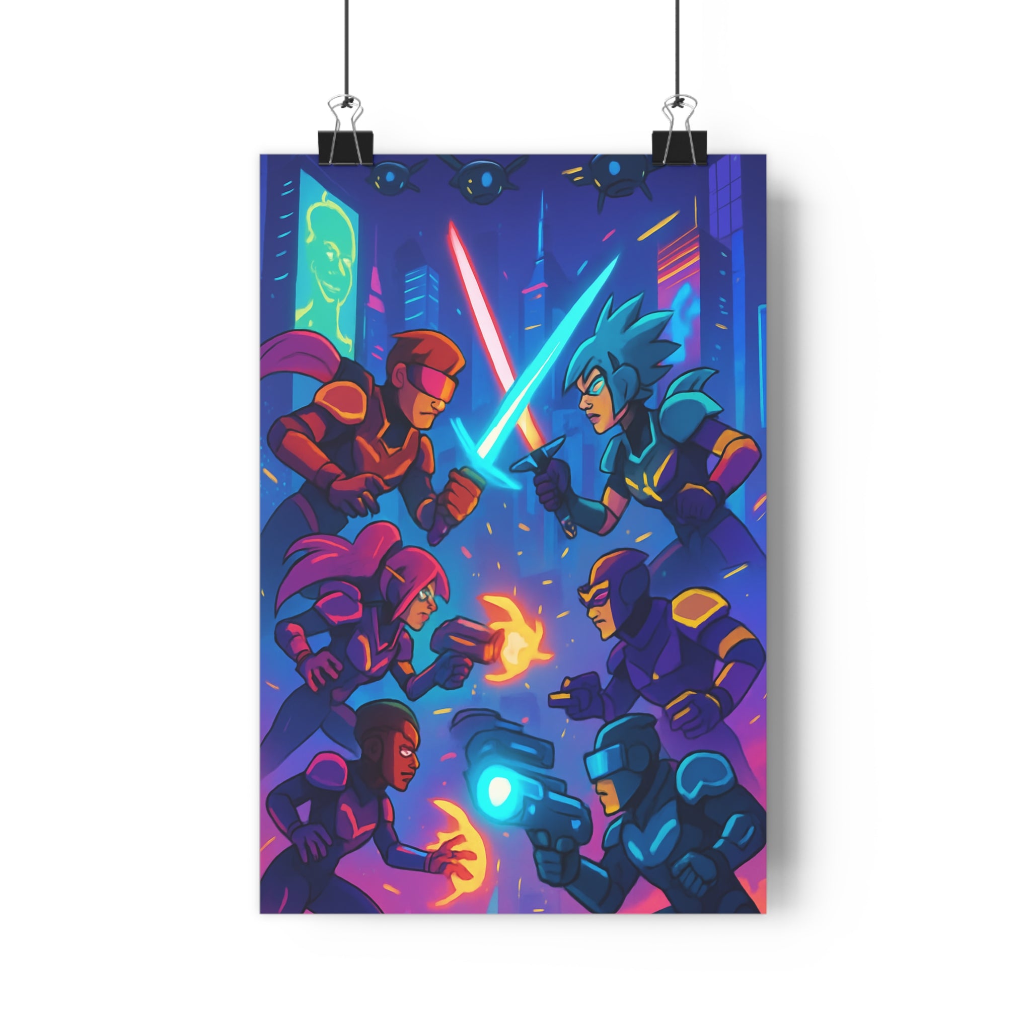 Poster décoratif cyberpunk animé bleu rose violet futuriste chambre enfant vibrant épique aventure intense