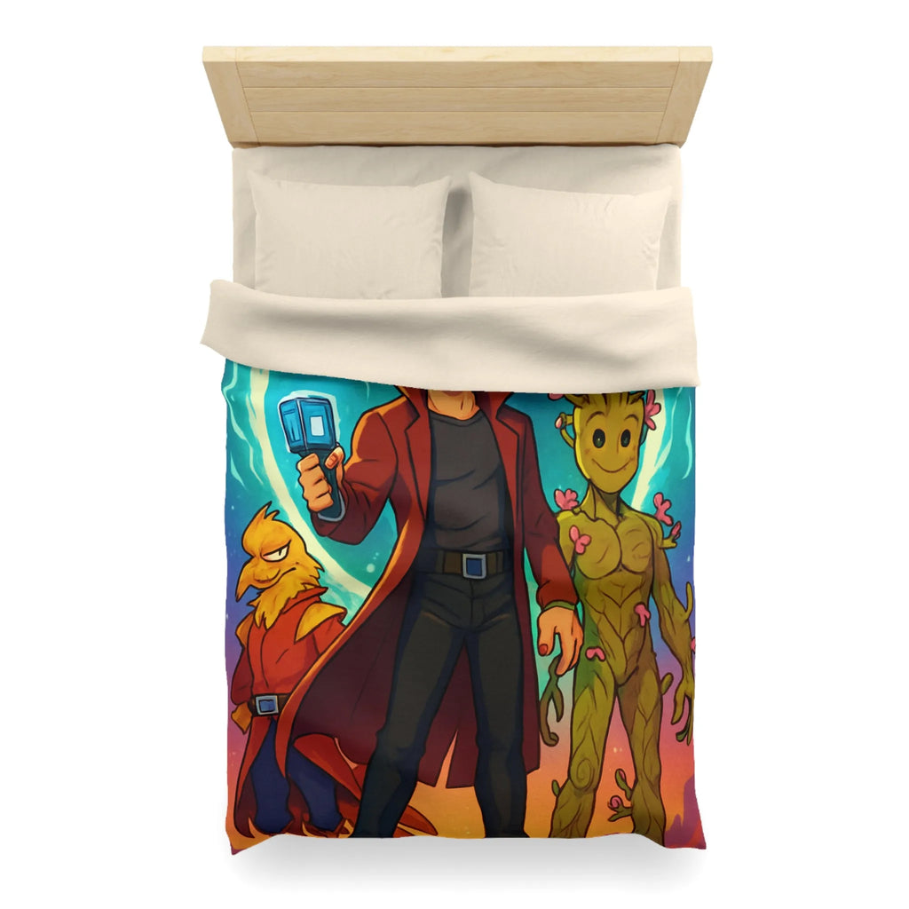 Housse de couette espace avec personnages héroïques colorés et univers rétro futuriste
