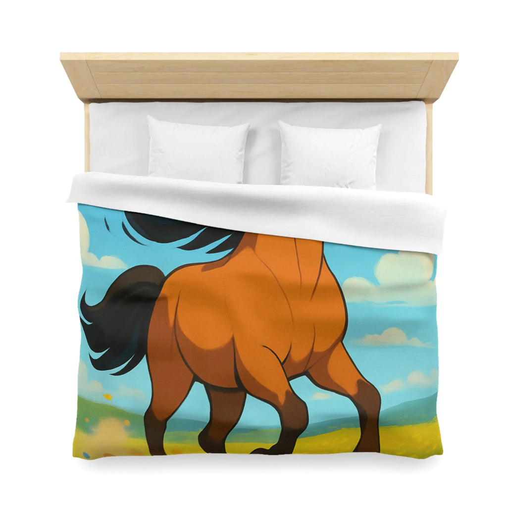 Housse de couette cheval couleur vive, prairie en fleurs, nuages, ciel bleu
