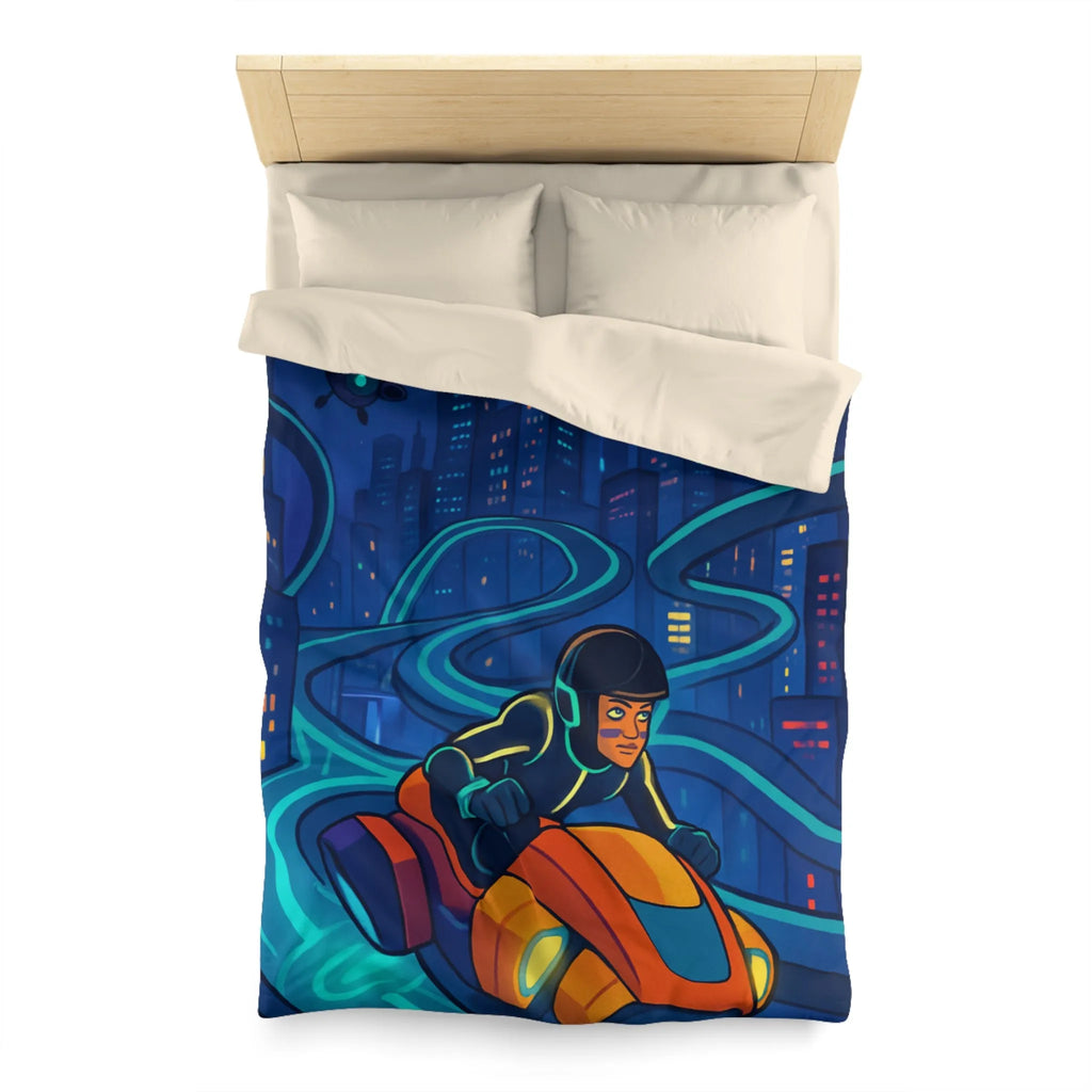 Housse de couette futuriste moto volante dans ville éclairée aux néons