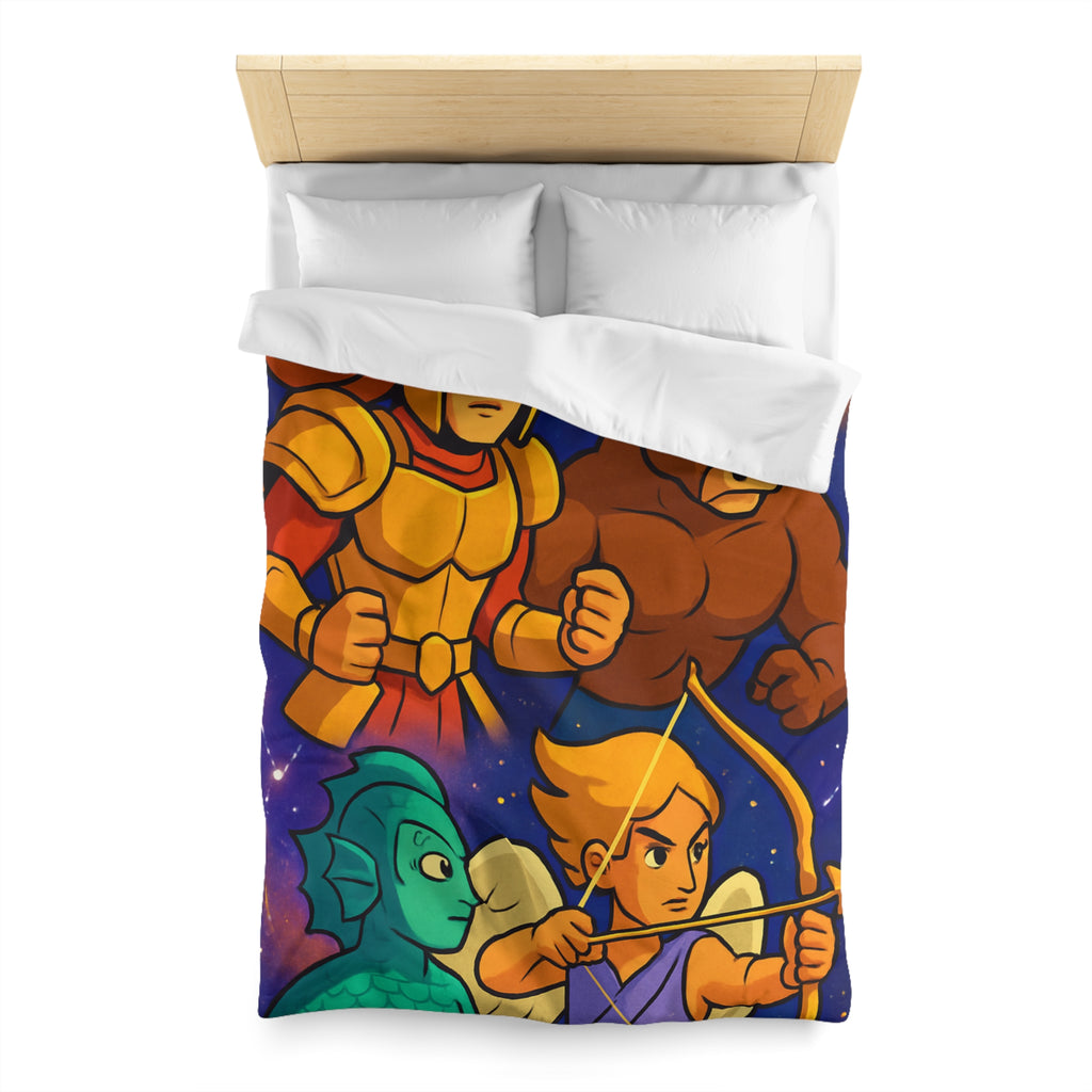 Housse de couette zodiaque illustrée avec chevalier, taureau, ange et créature marine