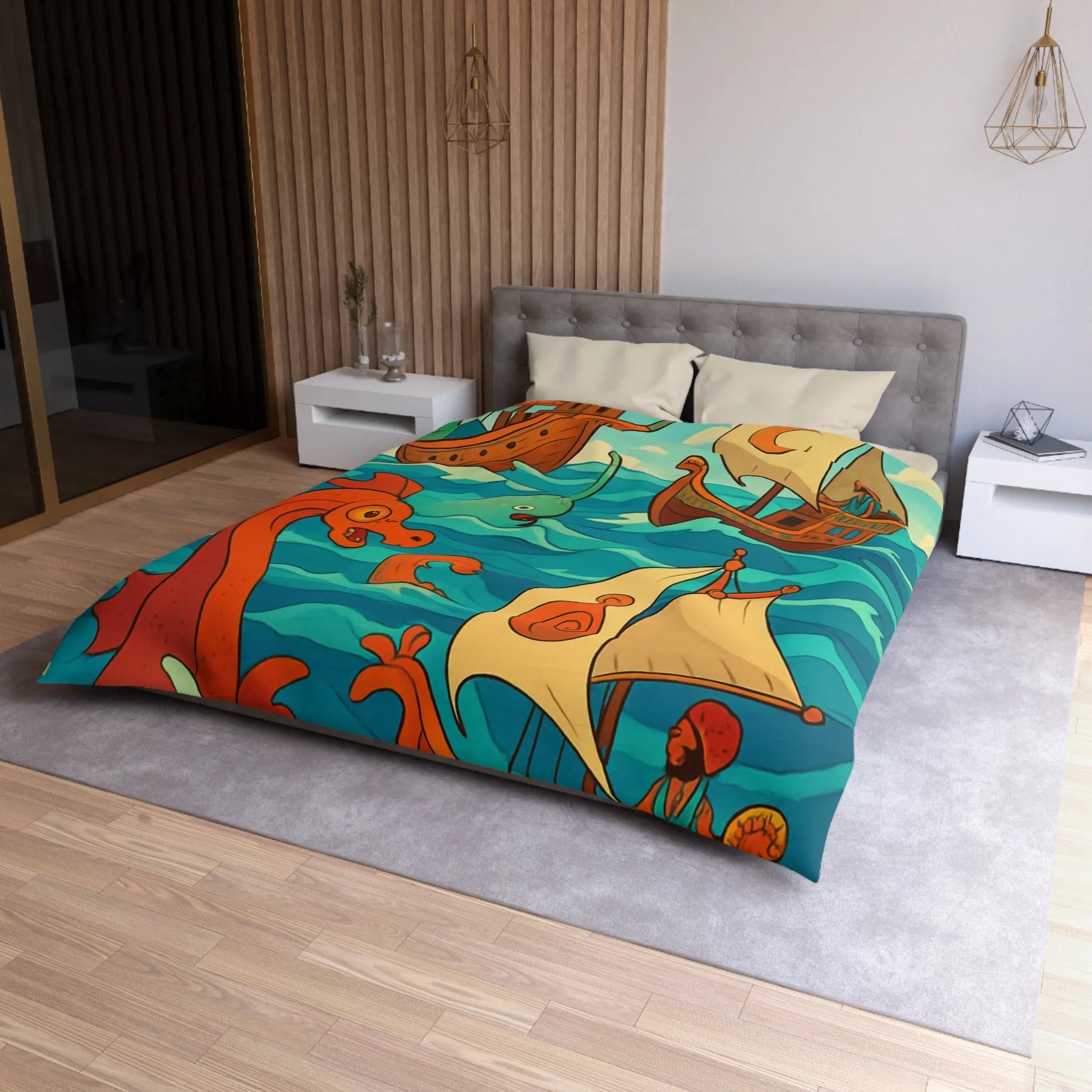 Housse de Couette Colorée avec Bateaux et Créatures Maritimes dans Stil Nautique Fantasy