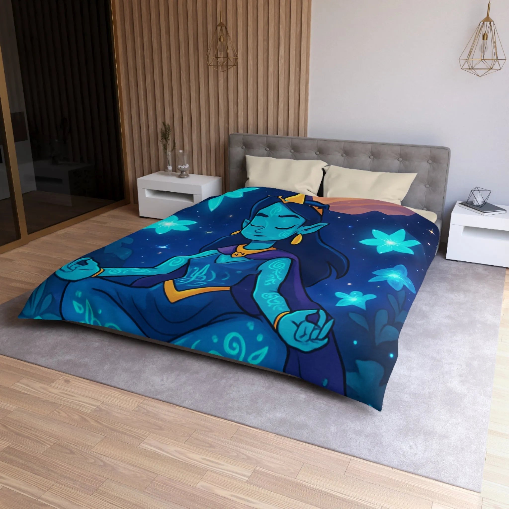 Housse de Couette Élégante avec Déesse Méditative et Étoiles, Ambiance Nocturne Mystique