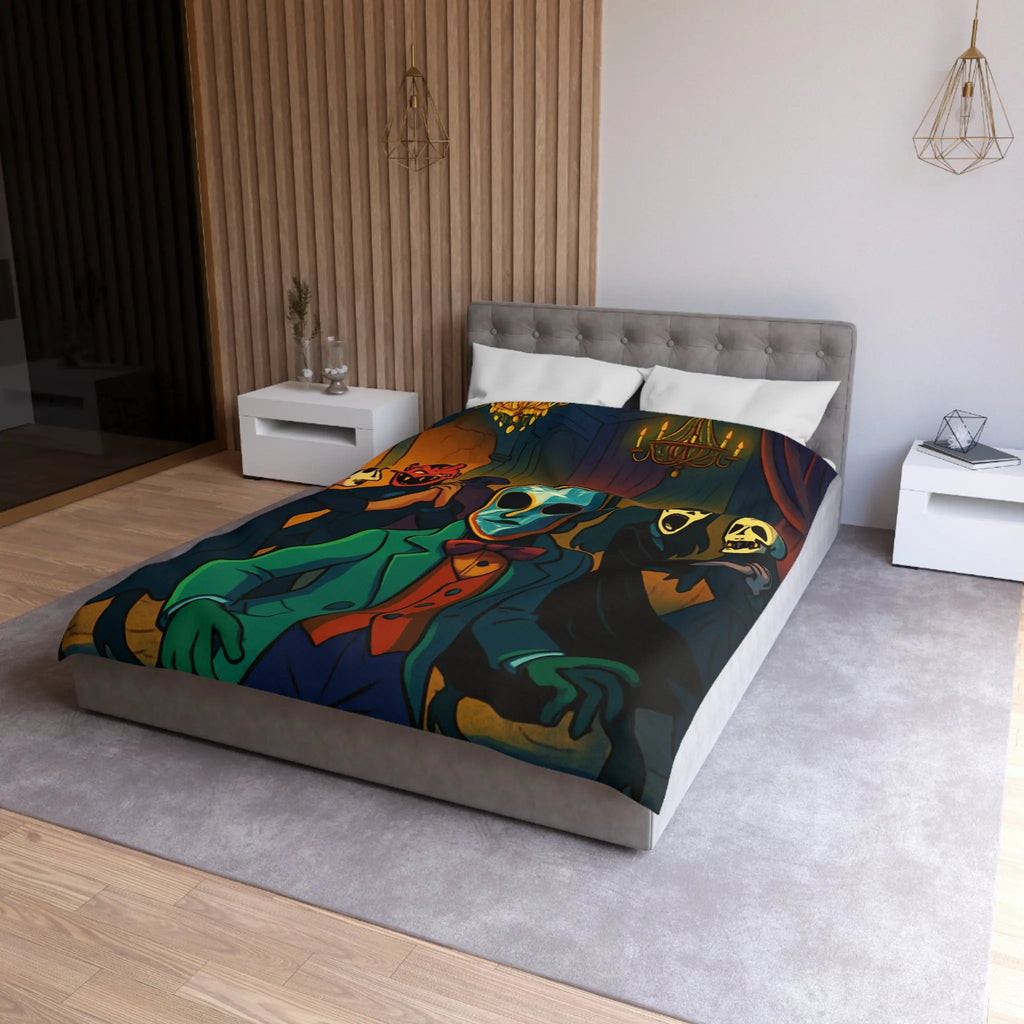 Housse de couette Halloween Bal masqué sombre, masques effrayants, ambiance mystérieuse unique