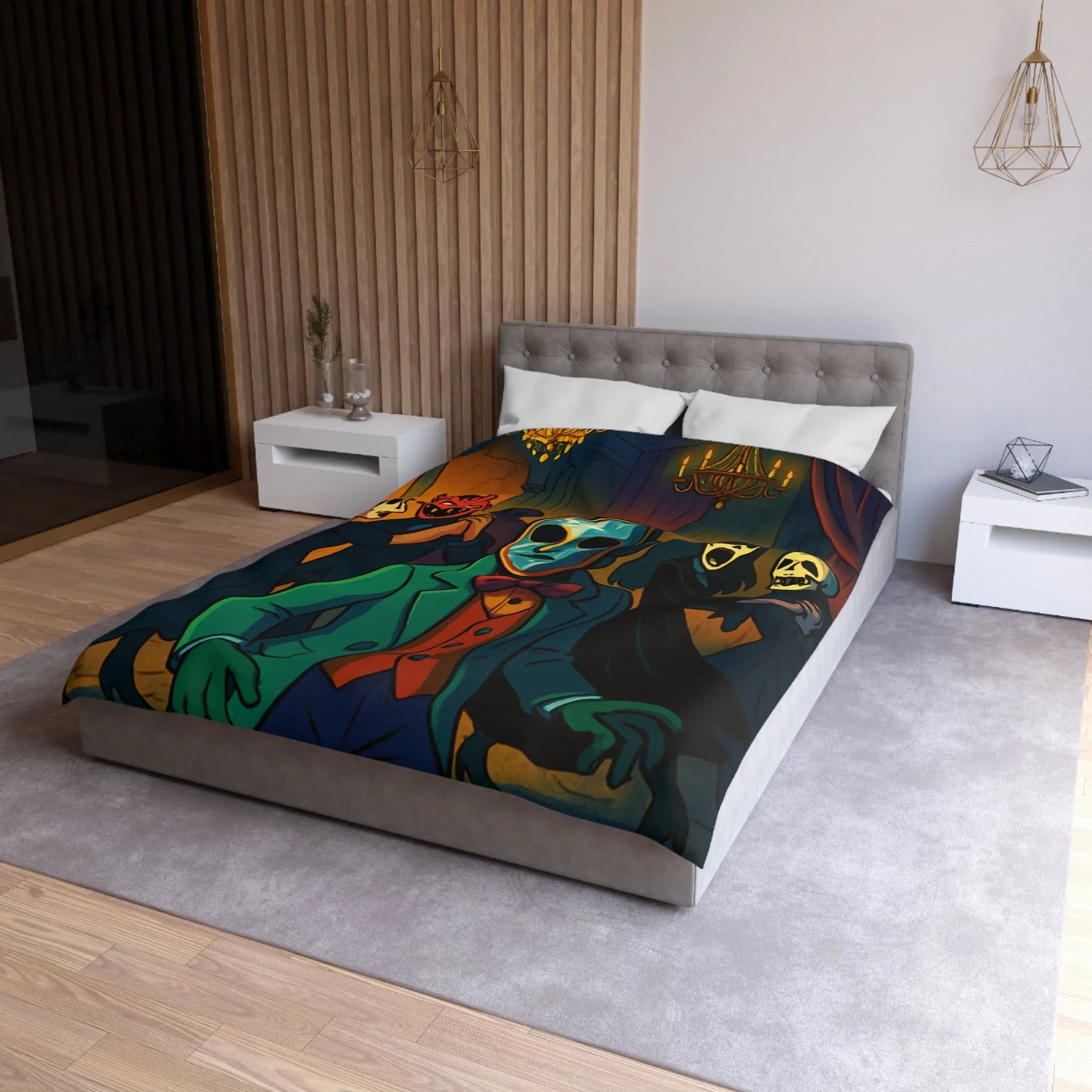 Housse de couette Halloween Bal masqué sombre, masques effrayants, ambiance mystérieuse unique