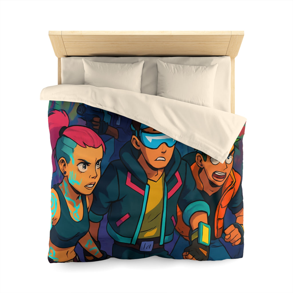 Housse de couette néon rétro avec personnages futuristes dans ruelle urbaine animée