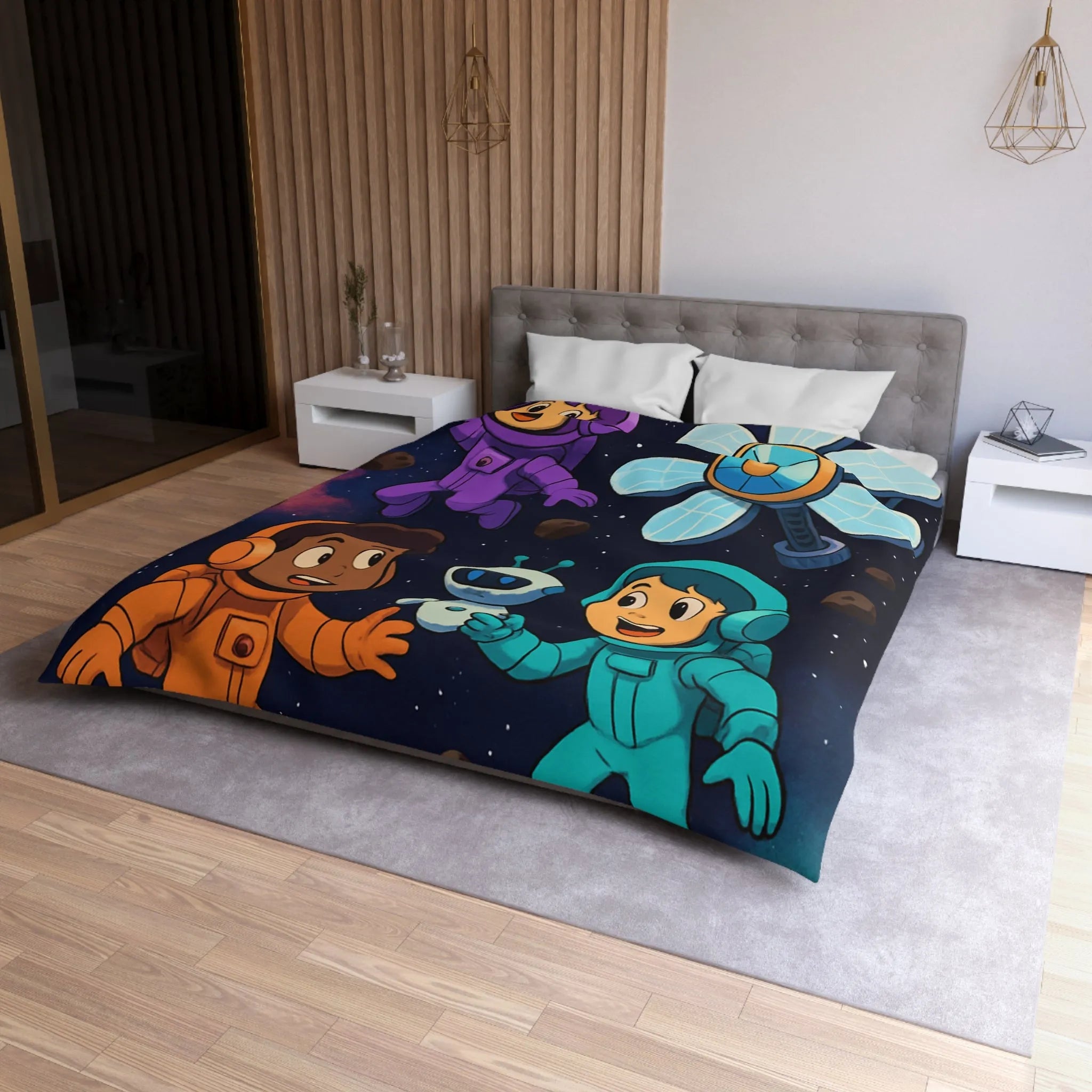 Housse de couette inspirée espace enfants, astronautes colorés, étoiles et planètes joyeuses