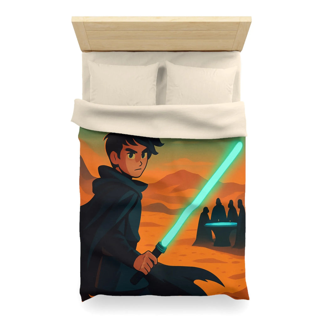 Épique scène de science-fiction avec héros sabre lumineux et vaisseau spatial en arrière-plan