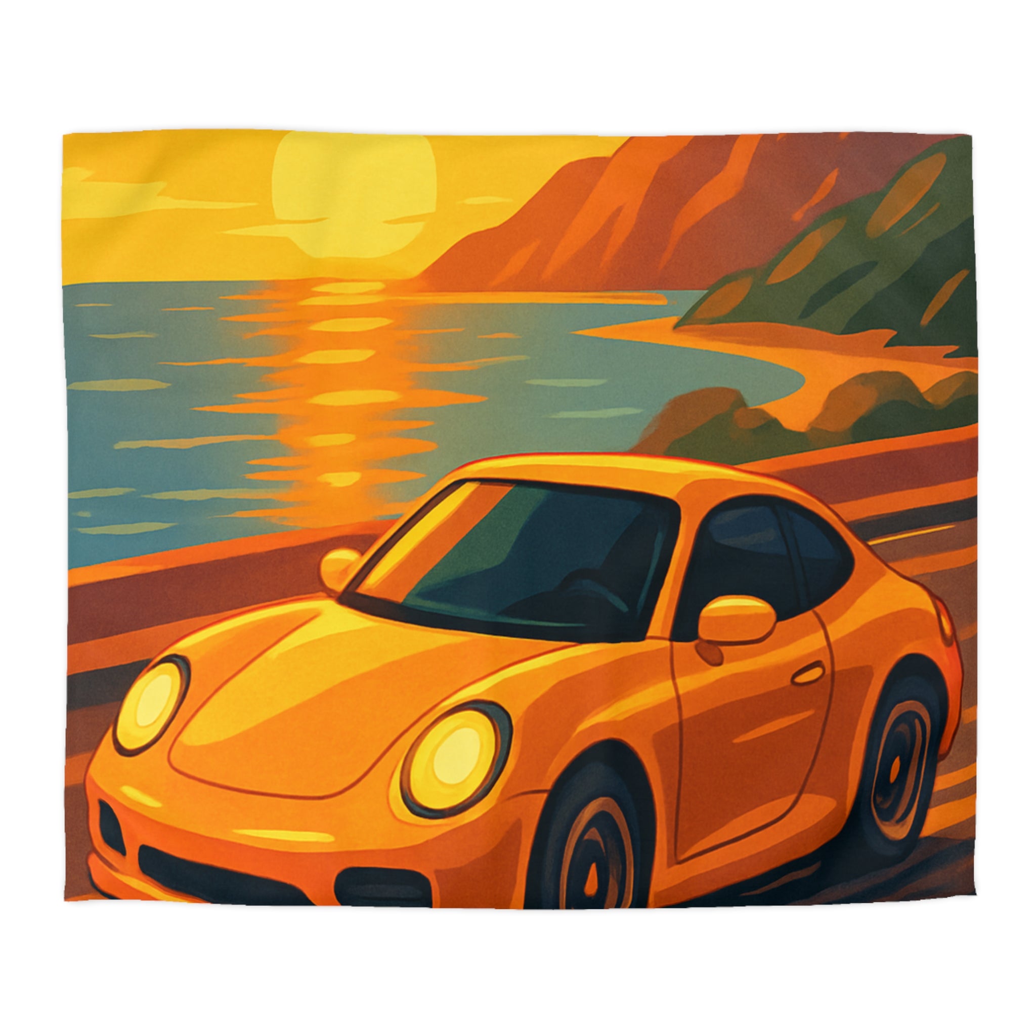 Housse de couette voiture sportive orange route côtière coucher de soleil paysage vibrant