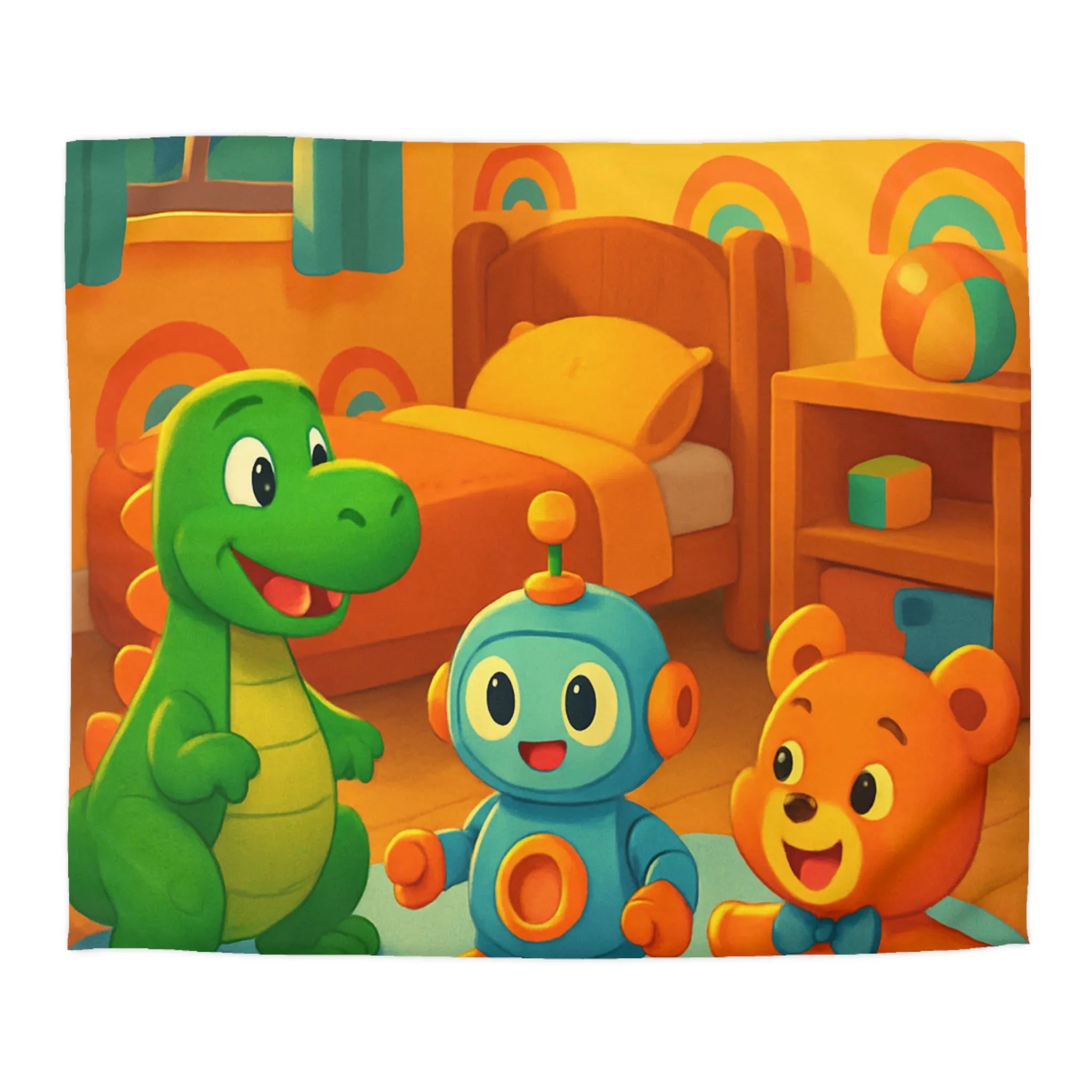Housse de Couette Enfant Dinosaure, Robot et Ours Orange avec Arc-en-Ciel Coloré