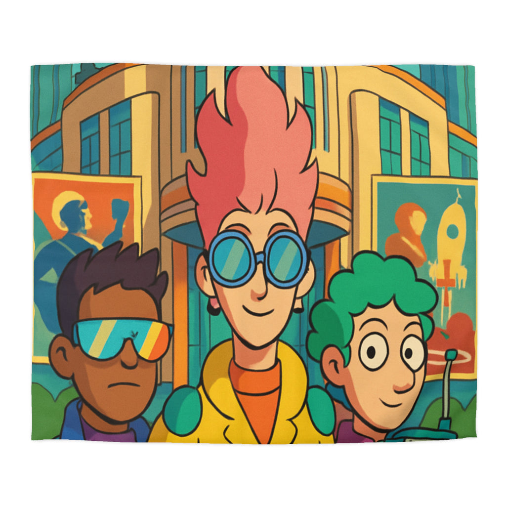 Housse de couette rétro futuriste colorée avec personnages et architecture urbaine stylisée