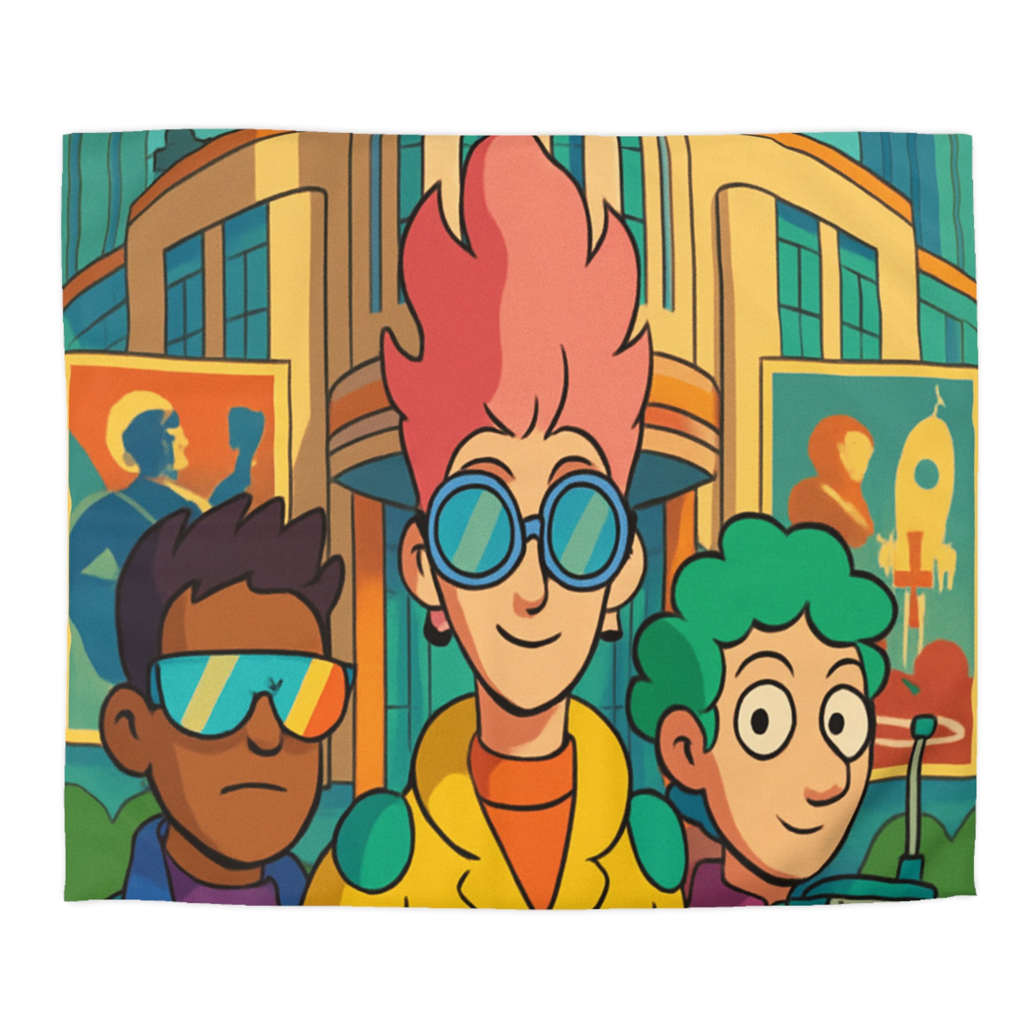 Housse de couette rétro futuriste colorée avec personnages et architecture urbaine stylisée