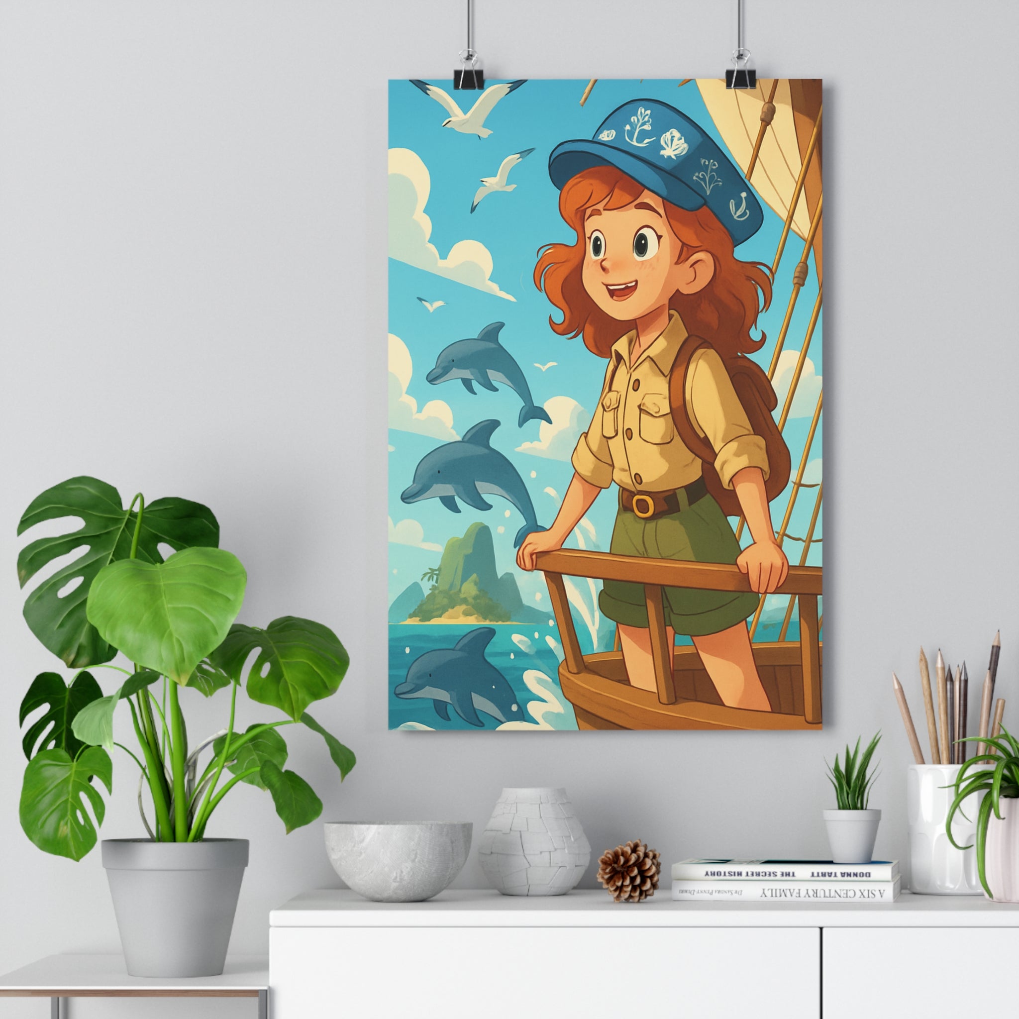 Poster décoratif aventure nautique bleu cartoon joyeux enfant chambre mural exotique vibrant tendance unique