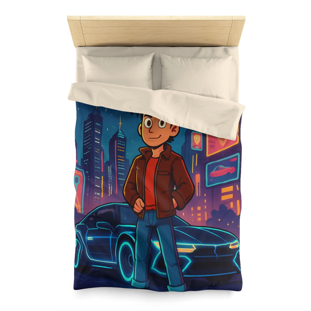 Housse de Couette Future Enfant Ville Nocturne Néons Jeune Garçon et Voiture