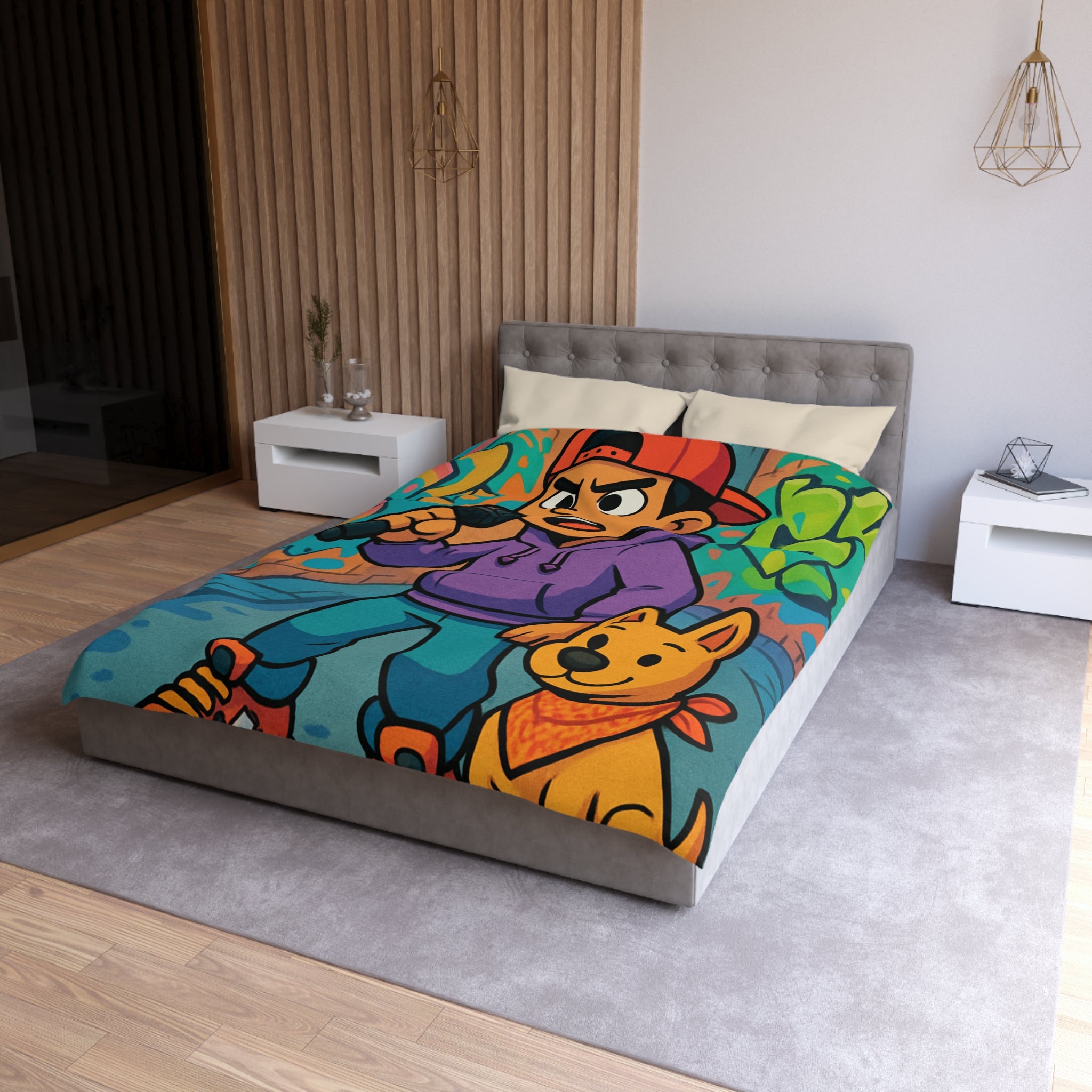 Housse de Couette Rap Urbain avec Chien et Graffiti Coloré pour Chambre Adolescente