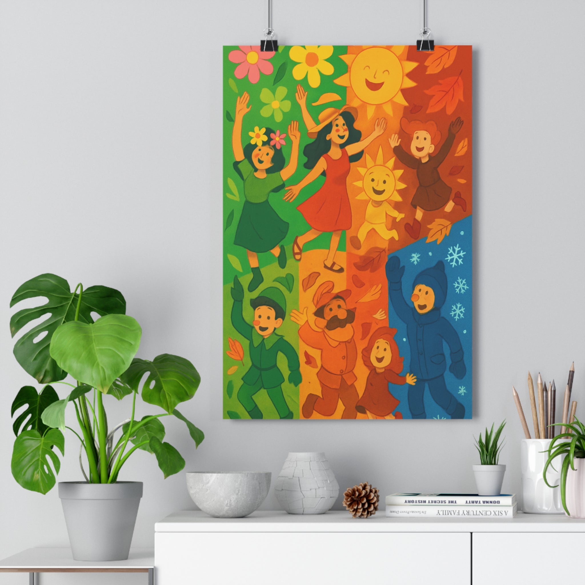 Poster décoratif cartoon joyeux fleurs soleil feuilles neige couleurs vives chambre qualité saisonnier vibrant