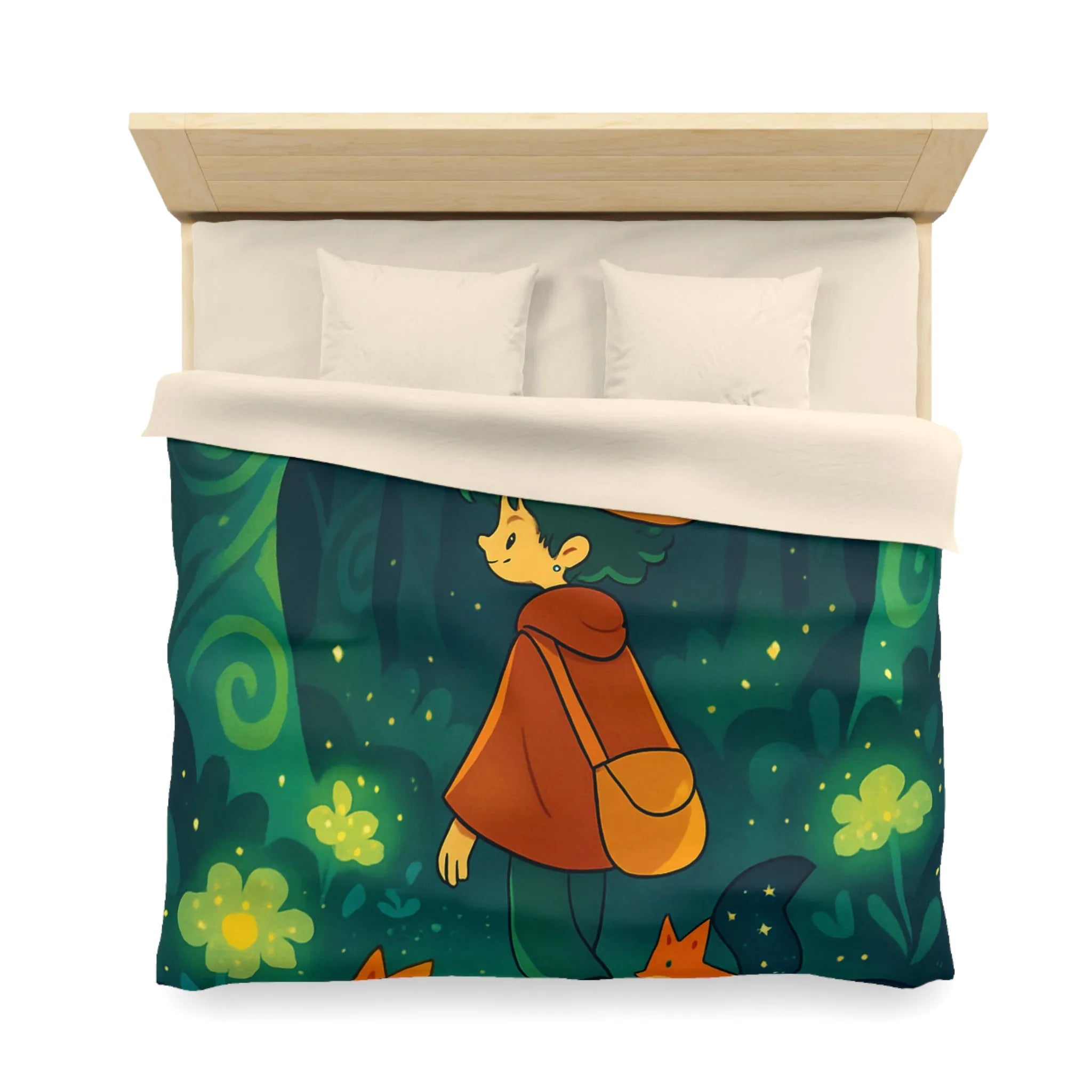 Housse de Couette Forêt Enchantée Enfants Renards Orange Jaune Vert Fantaisie Nuit