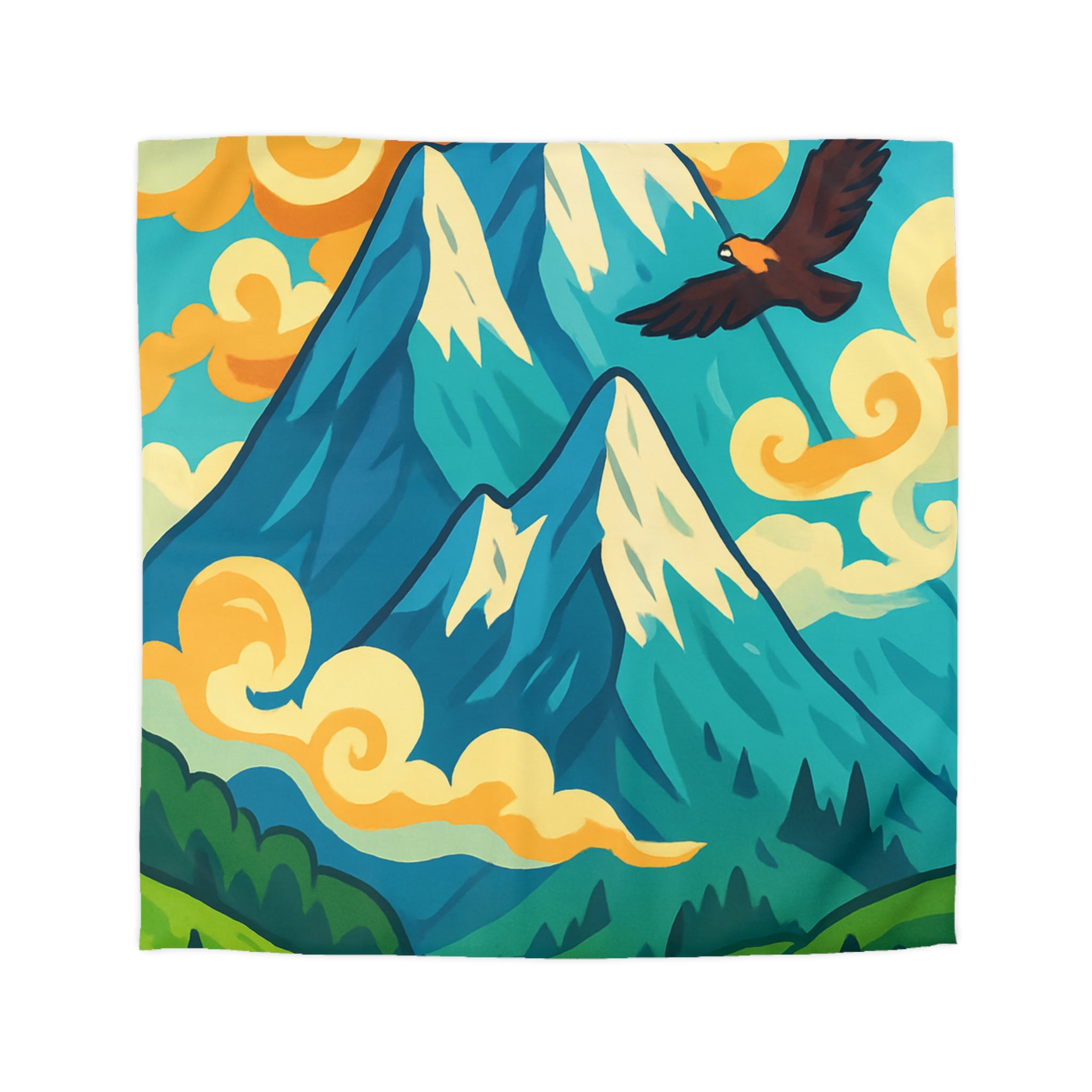 Housse de couette montagne colorée avec aigle et chalets pour chambre moderne