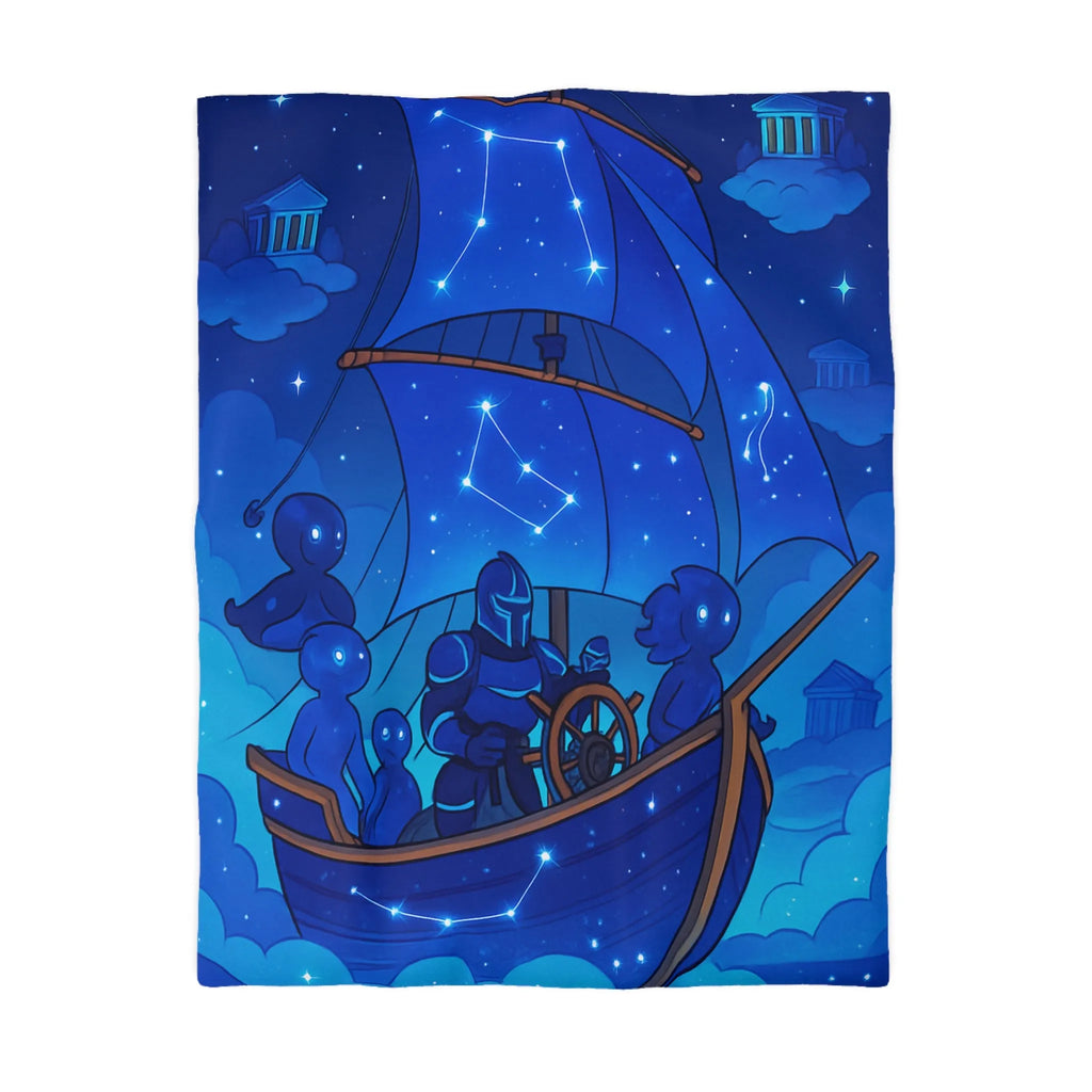 Housse de Couette Inspirée Ciel Étoilé avec Bateau et Constellations Bleu Nuit