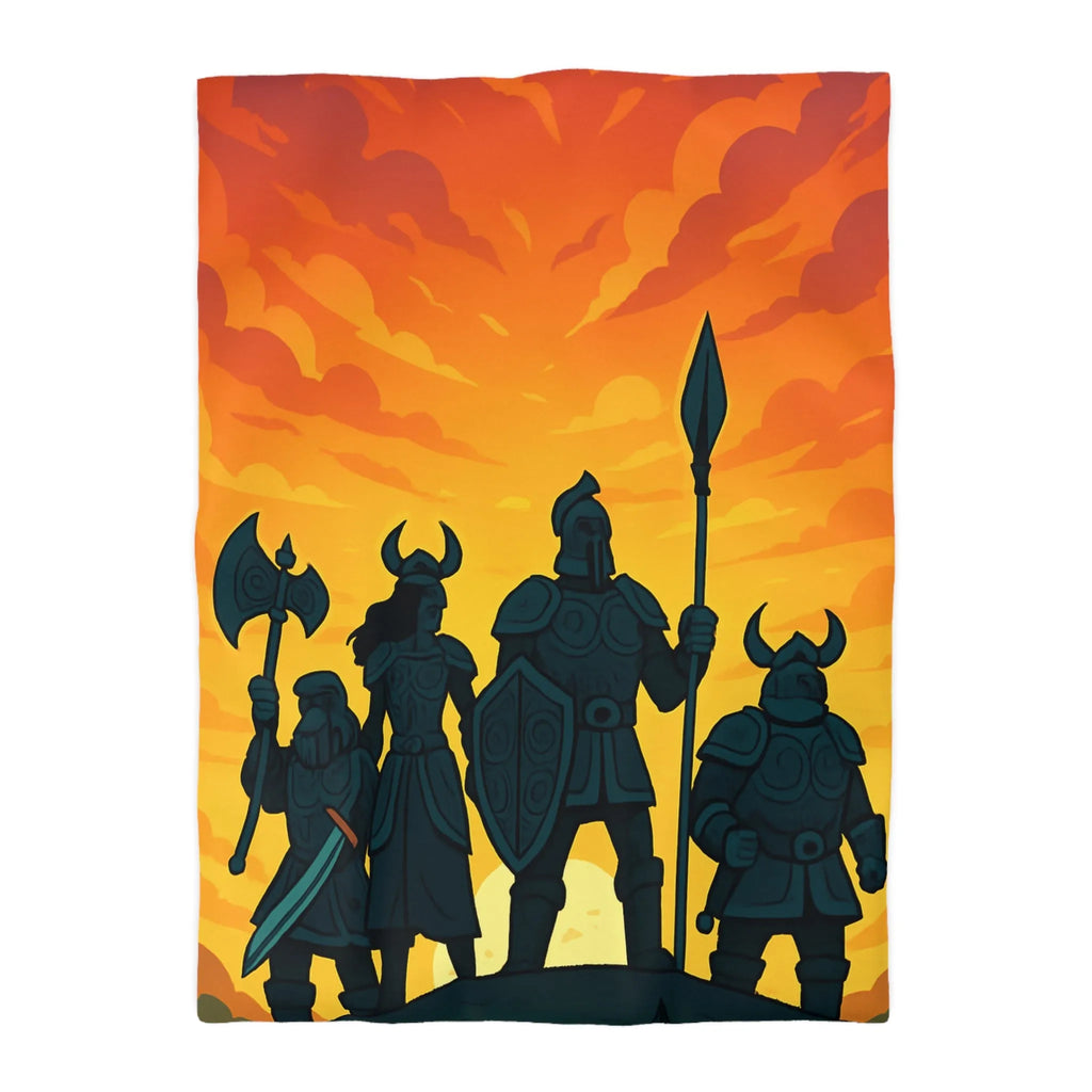 Housse de couette épique avec guerriers sous ciel flamboyant pour décoration médiévale