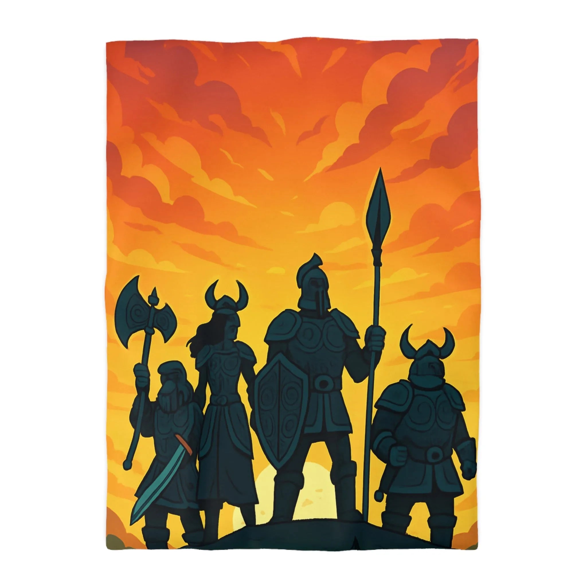 Housse de couette épique avec guerriers sous ciel flamboyant pour décoration médiévale