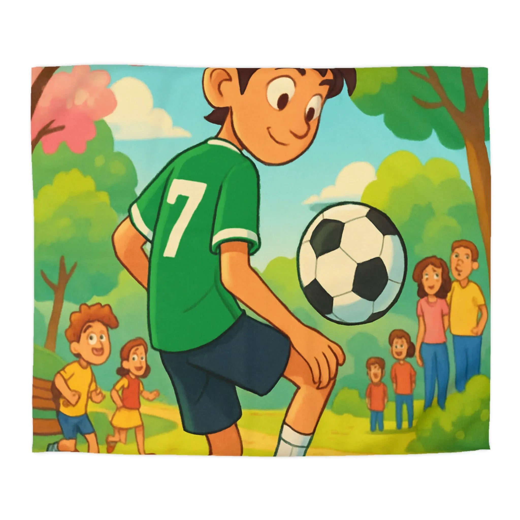 'Housse de couette enfant : garçon jouant au football dans parc coloré et animé'