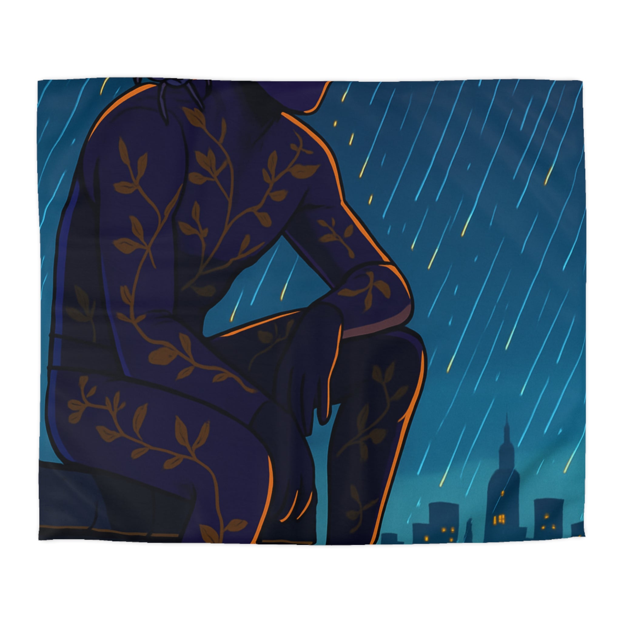 Housse de couette violette avec super-héros mystérieux sous la pluie nocturne colorée