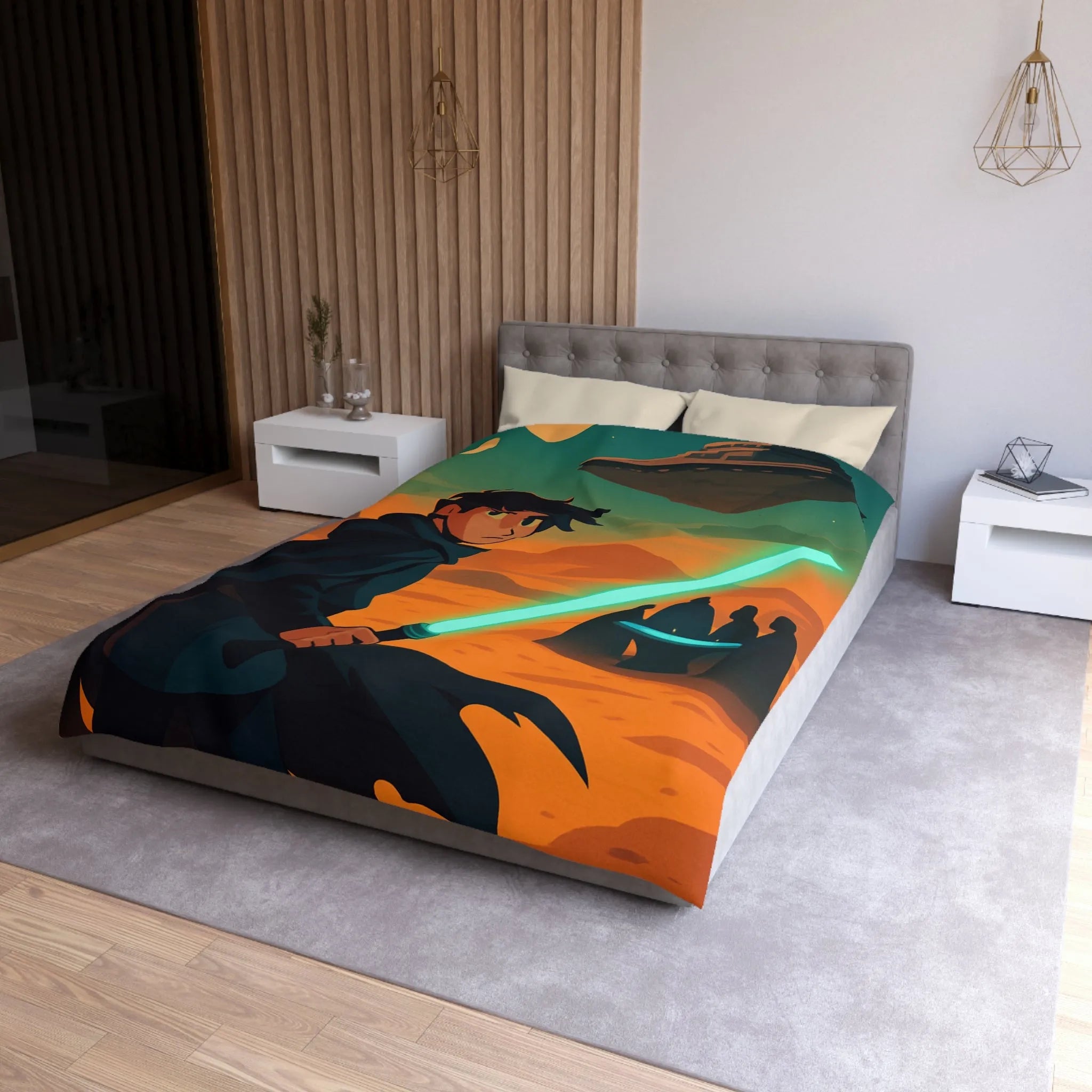 Épique scène de science-fiction avec héros sabre lumineux et vaisseau spatial en arrière-plan