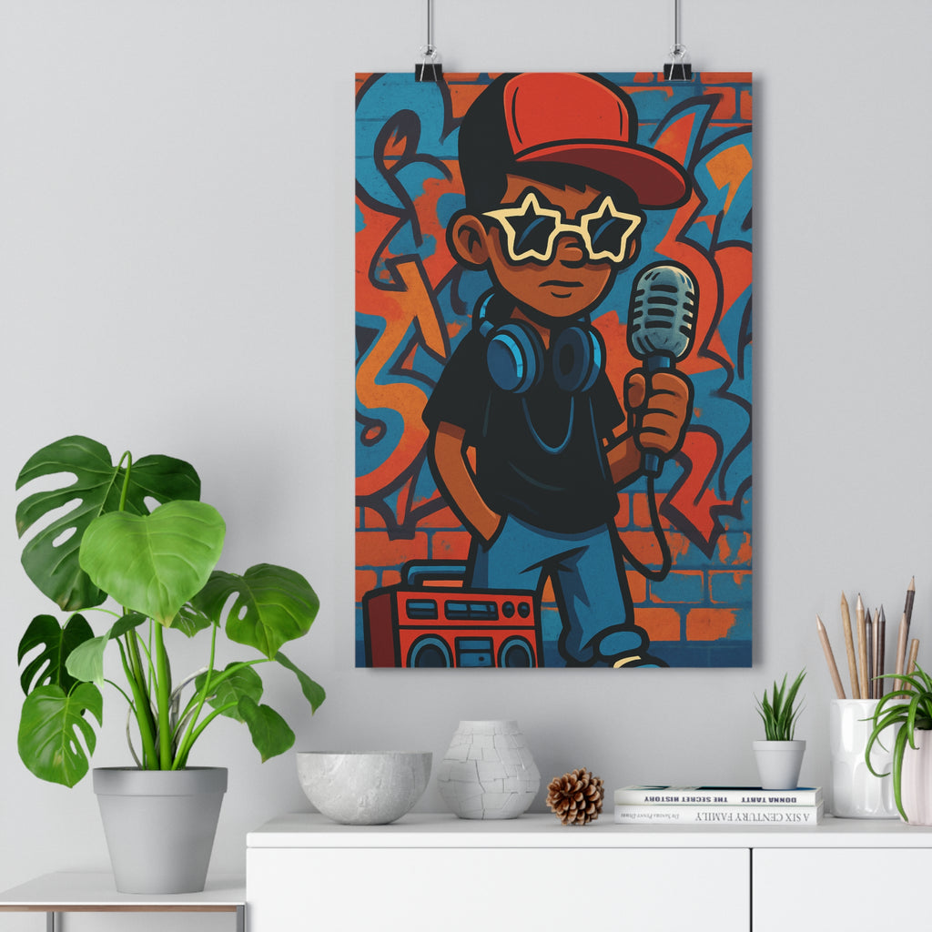 Poster décoratif cartoon rappeur lunettes étoile casquette rouge graffiti bleu orange salon chambre bureau