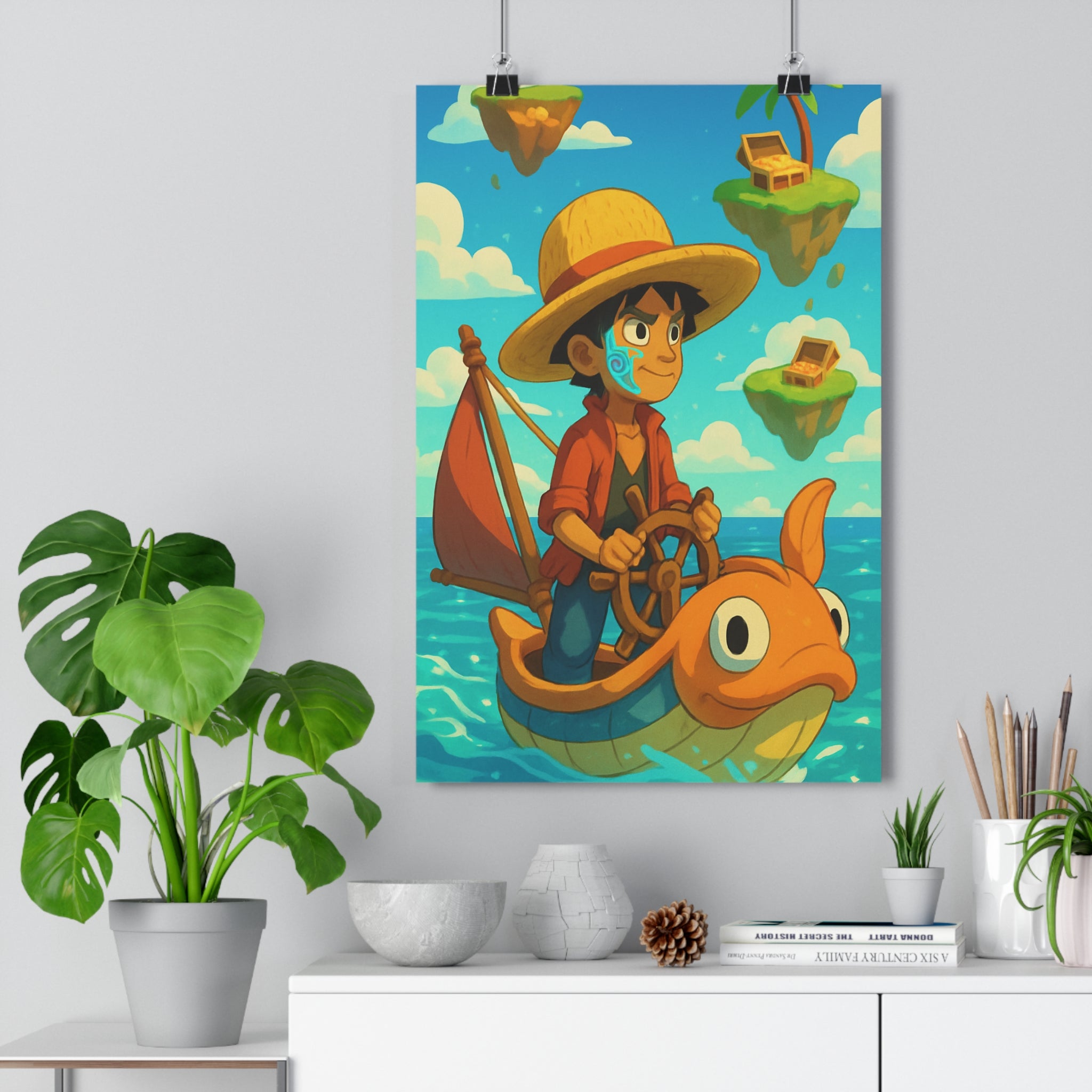 Poster décoratif aventurier chapeau paille mer calme îles trésor cartoon coloré joyeux chambre enfant