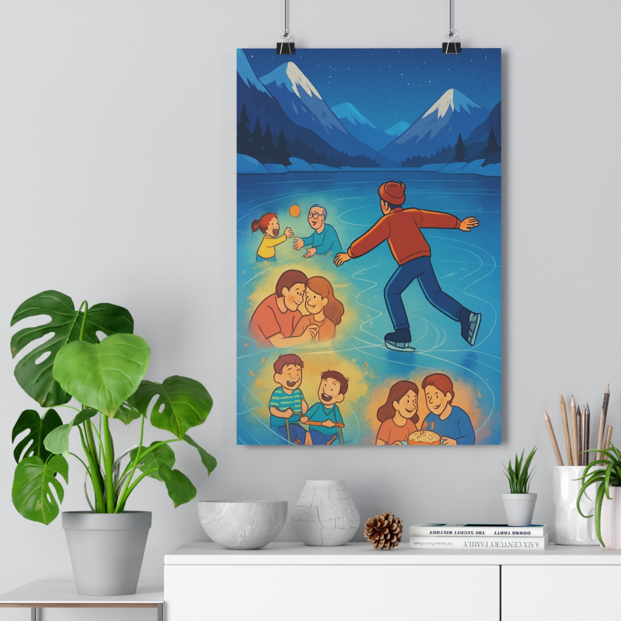 Poster décoratif hiver bleu blanc cartoon poétique chambre salon art mural ambiance chaleureuse patinage