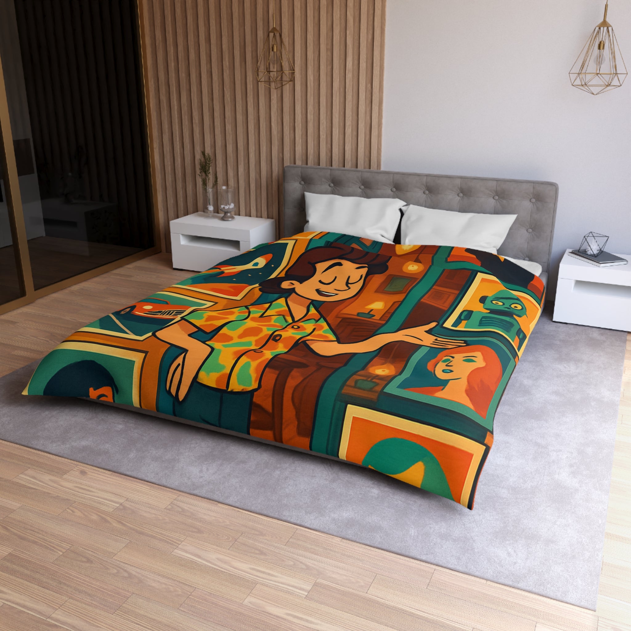 Housse de couette rétro avec illustrations vibrantes, ambiance vintage et design artistique coloré