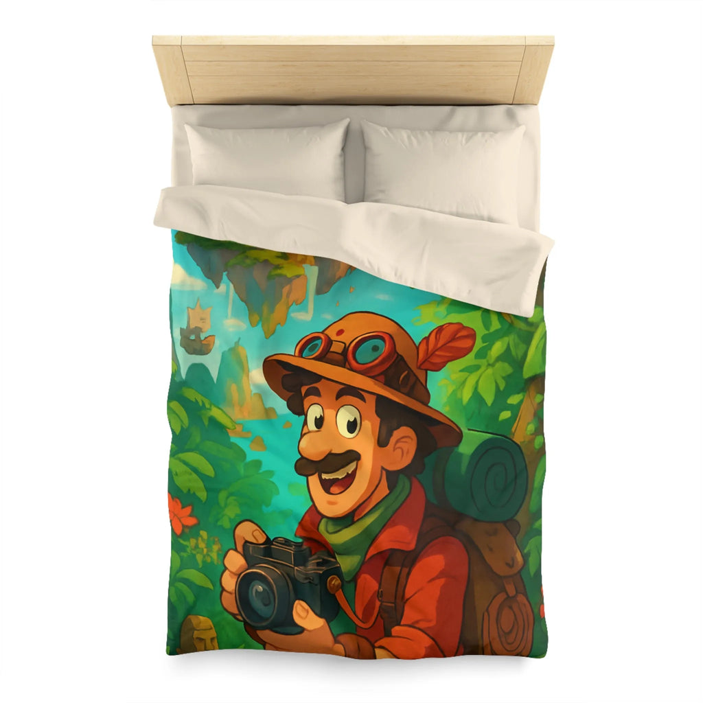 Housse de couette illustrée avec explora-monde et château volant dans jungle exotique