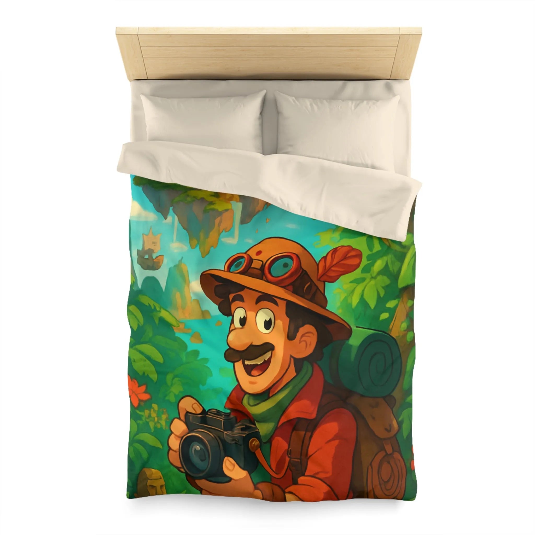 Housse de couette illustrée avec explora-monde et château volant dans jungle exotique