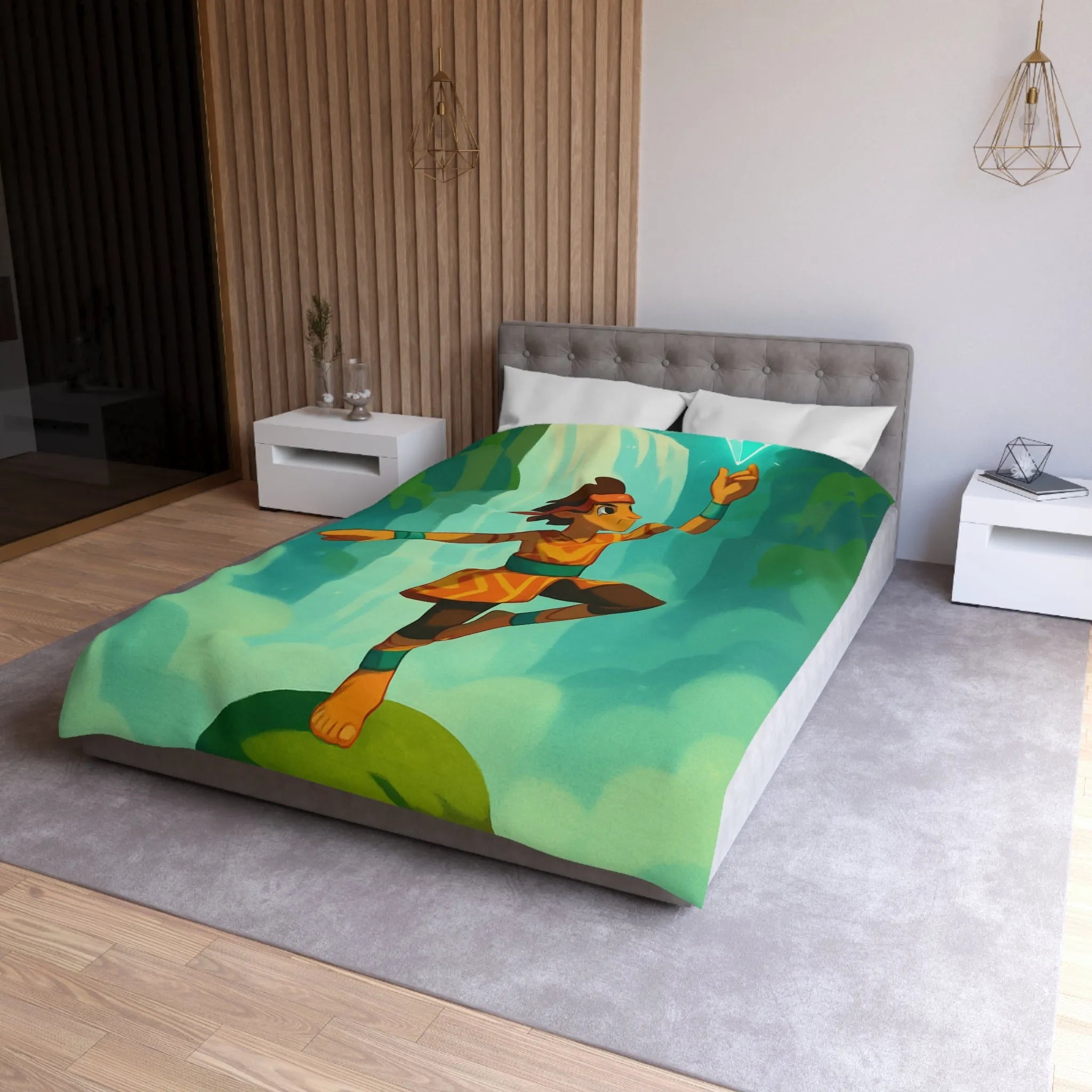 Housse de couette avec illustration de personnage tribal et cristal bleu brillant